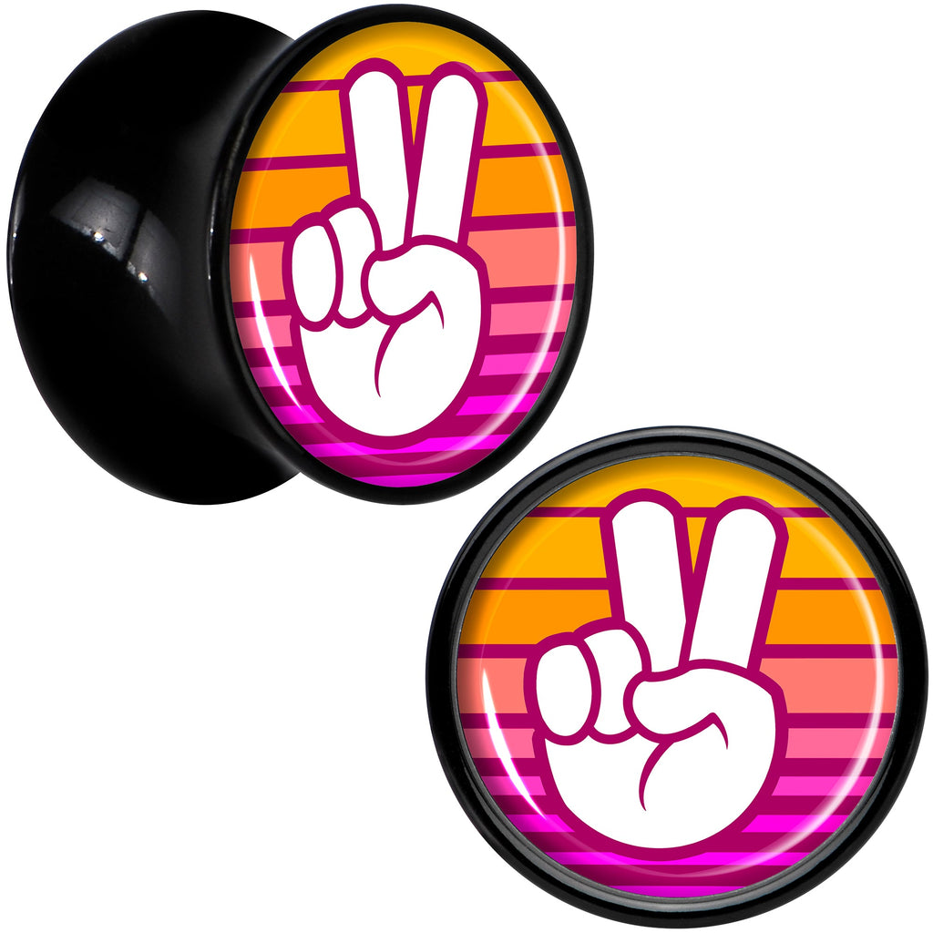 BodyCandy Black Acrylic Retro Peace Fingers Double Flare Plug Set by Onyx O — size reference