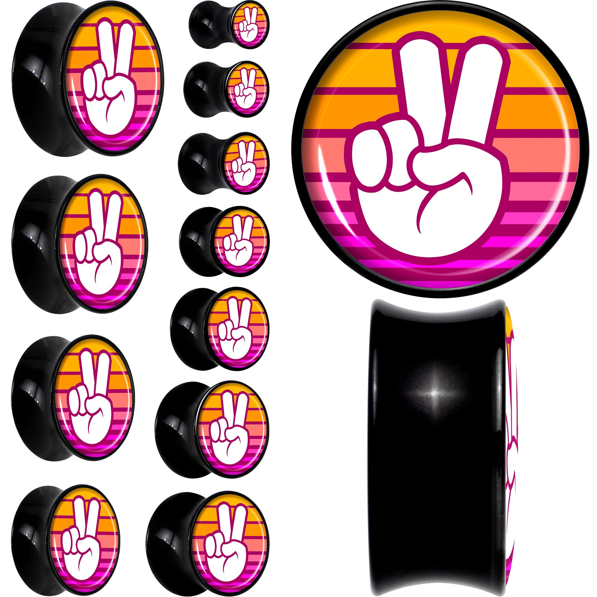 BodyCandy Black Acrylic Retro Peace Fingers Double Flare Plug Set by Onyx O — main product shot