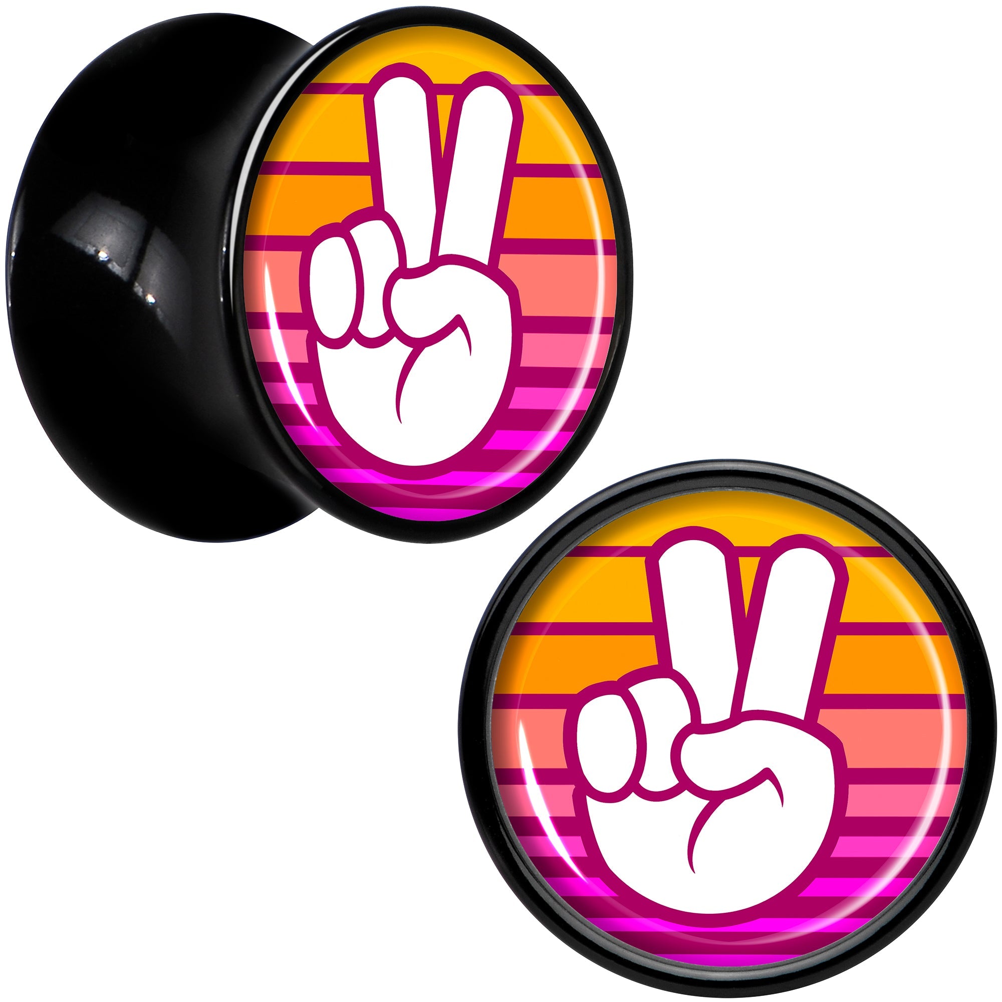 BodyCandy Black Acrylic Retro Peace Fingers Double Flare Plug Set by Onyx O — detail close-up
