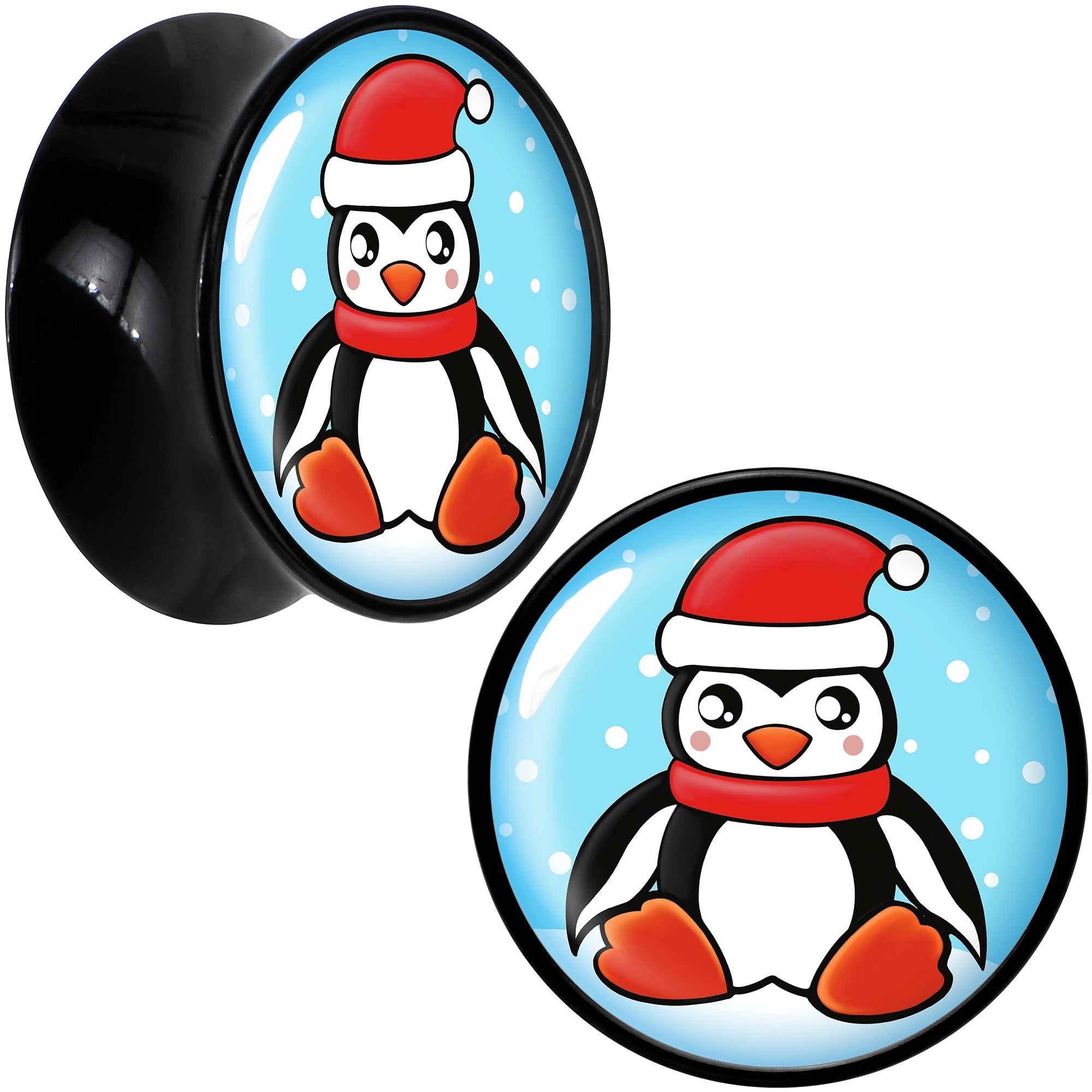 BodyCandy Black Acrylic Snowfall Holiday Penguin Double Flare Plug Set by Onyx O — comparison shot