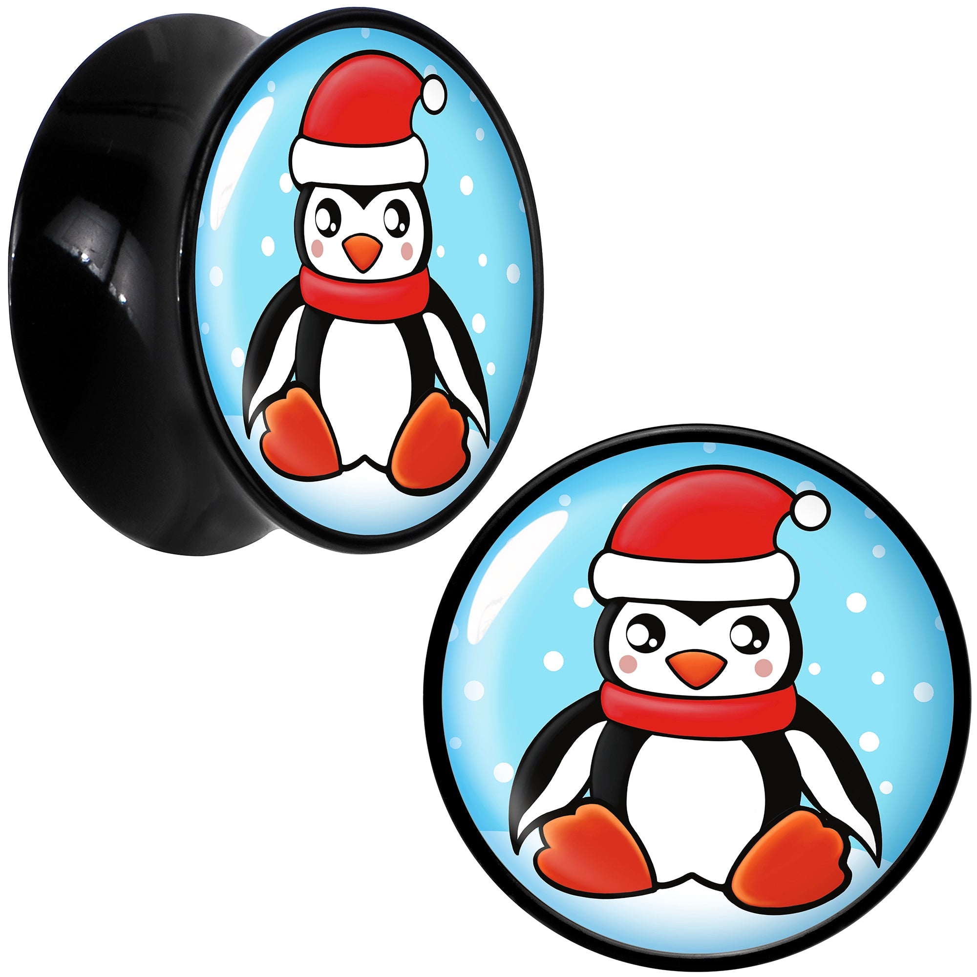 BodyCandy Black Acrylic Snowfall Holiday Penguin Double Flare Plug Set by Onyx O — fabric or material detail