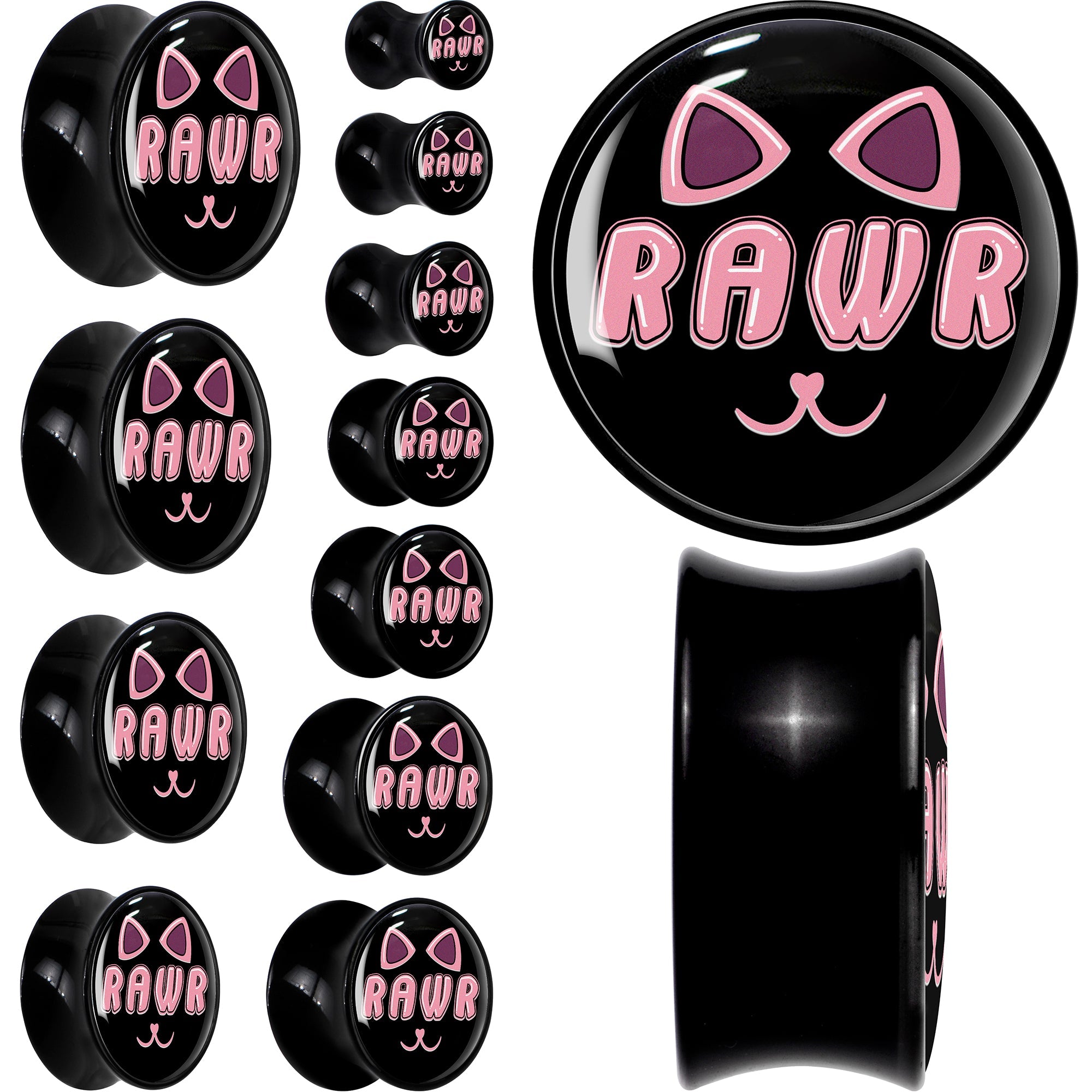 BodyCandy 0G RAWR Kitty Cat Black Acrylic Saddle Plug Set by Onyx O — main product shot