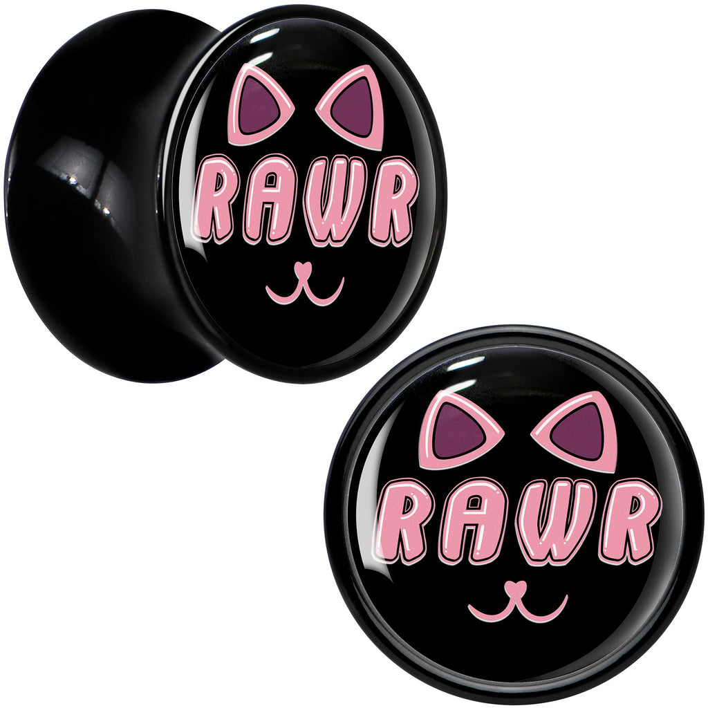 BodyCandy 0G RAWR Kitty Cat Black Acrylic Saddle Plug Set by Onyx O — detail close-up