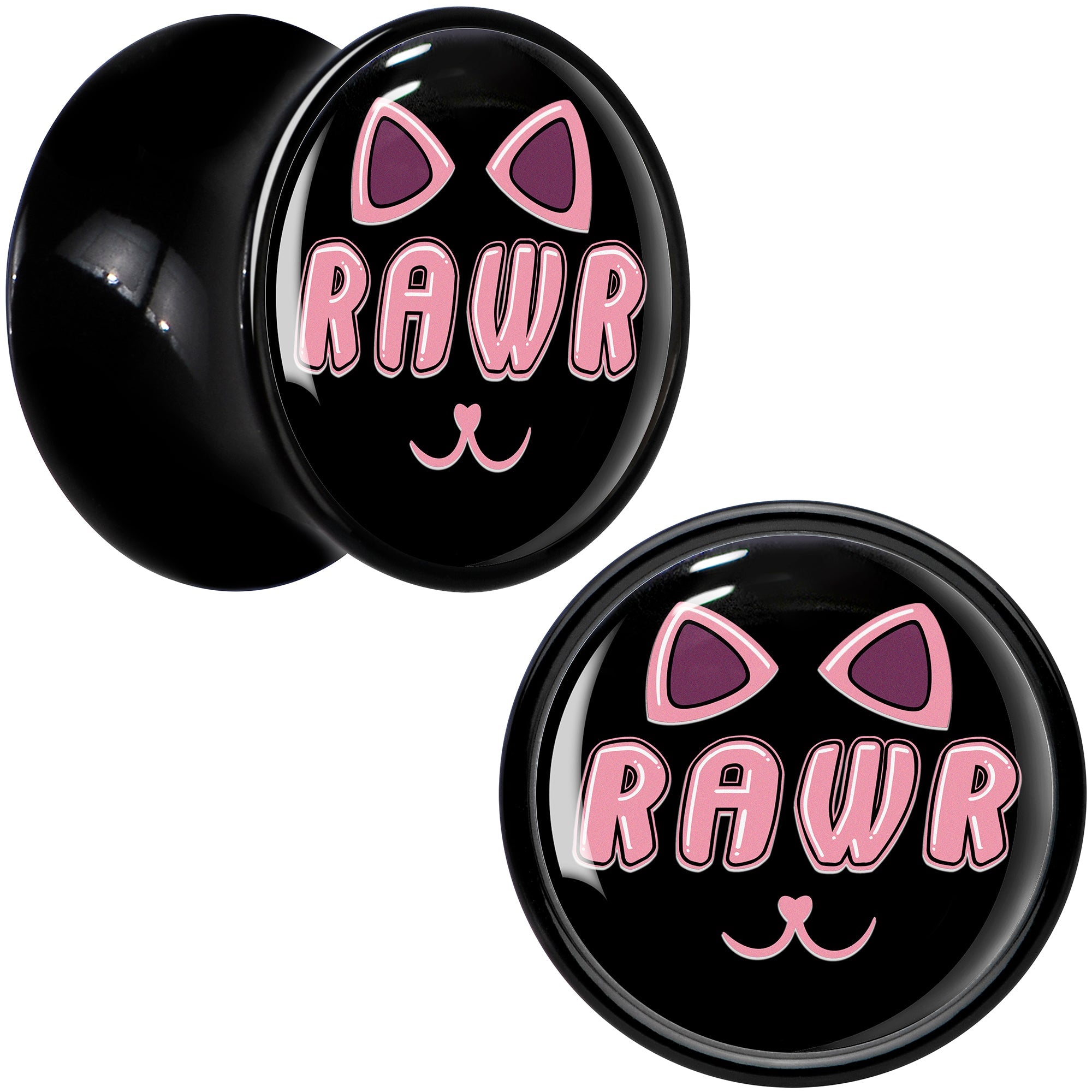 BodyCandy 0G RAWR Kitty Cat Black Acrylic Saddle Plug Set by Onyx O — detail close-up