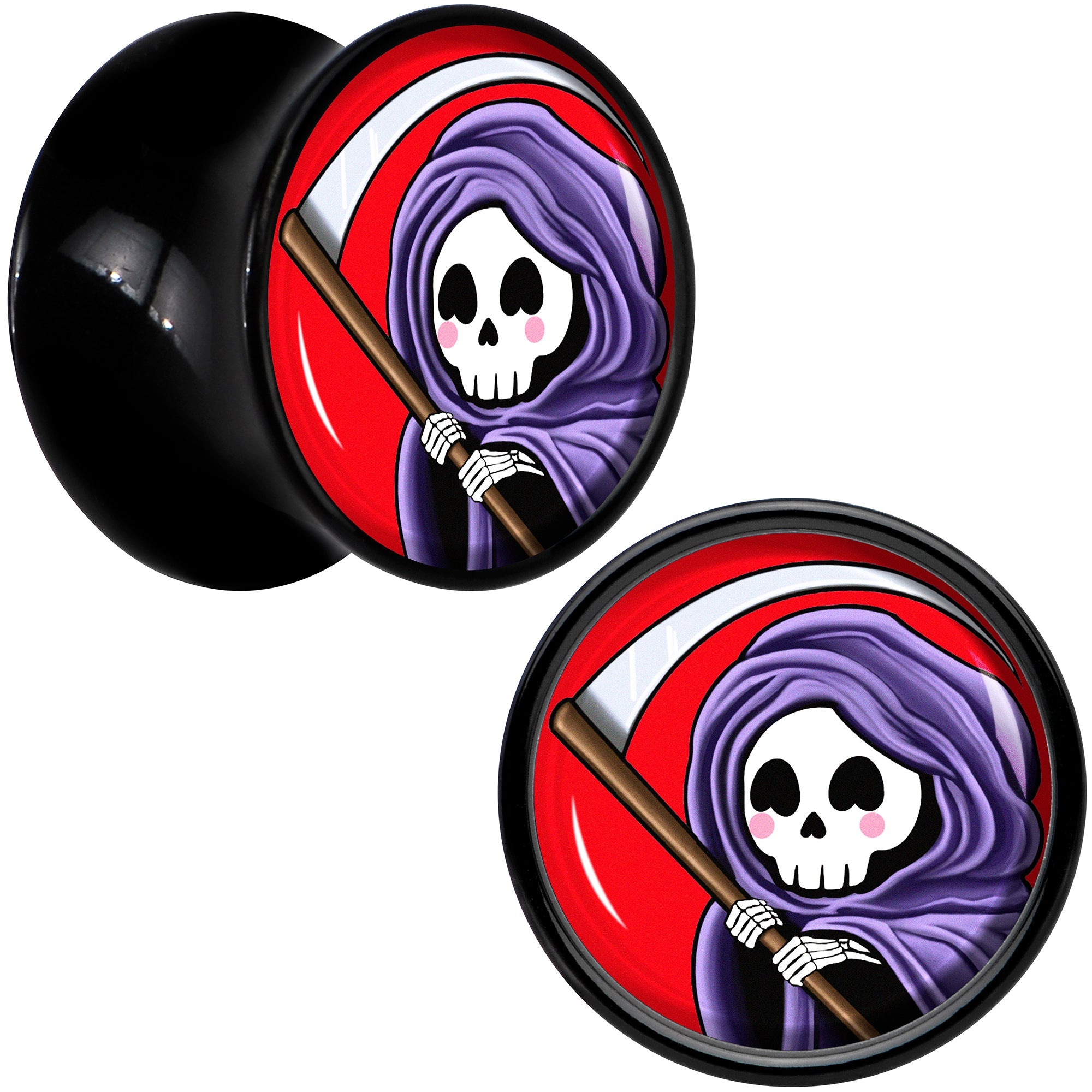 BodyCandy Black Acrylic Grim Reaper Double Flare Plug Set by Onyx O — size reference