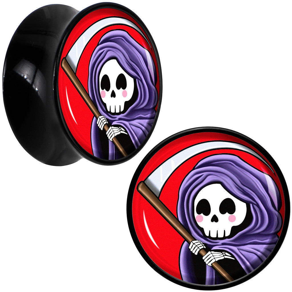 BodyCandy Black Acrylic Grim Reaper Double Flare Plug Set by Onyx O — fabric or material detail