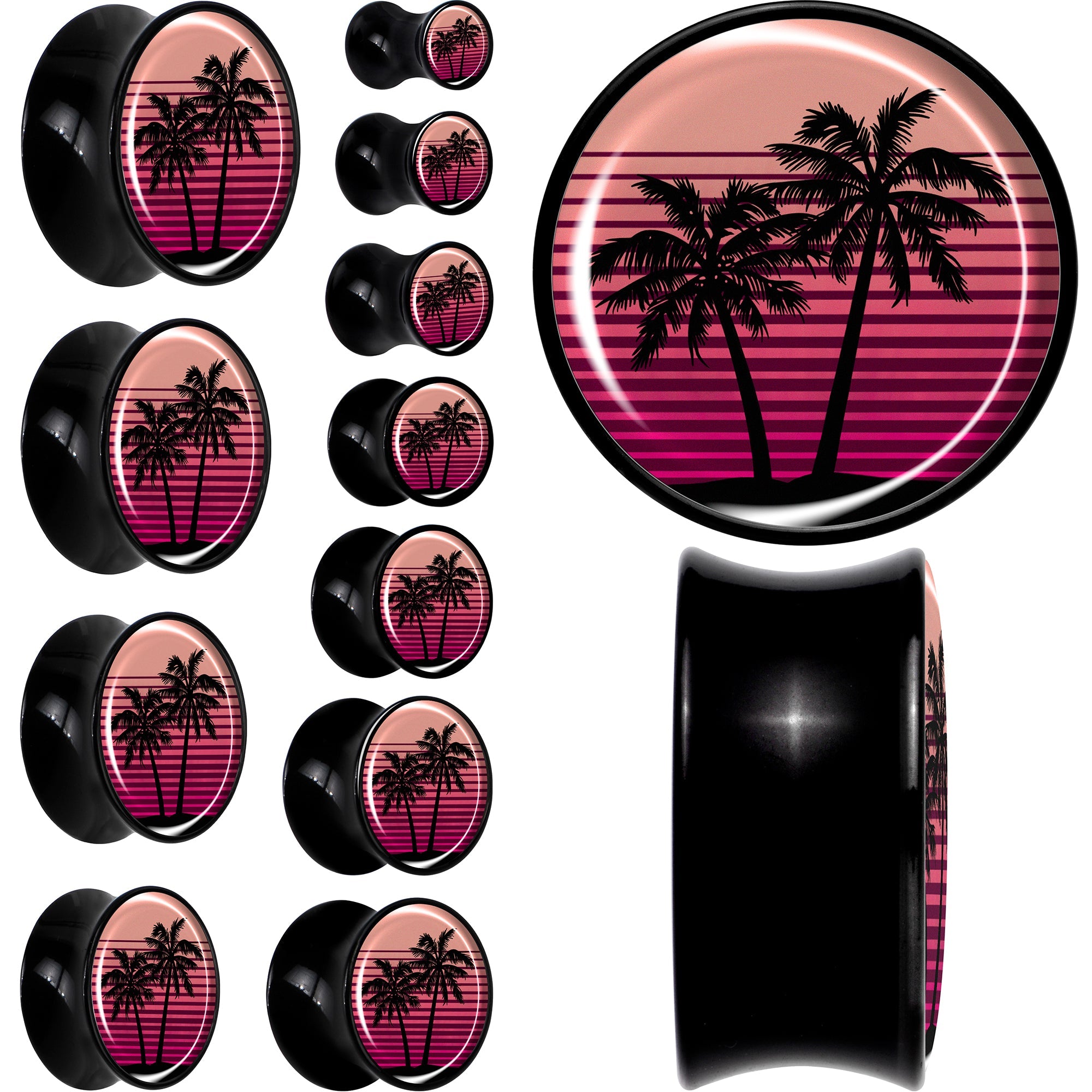 BodyCandy Palm Tree Retro Sunset Black Acrylic Saddle Plug Set by Onyx O — main product shot