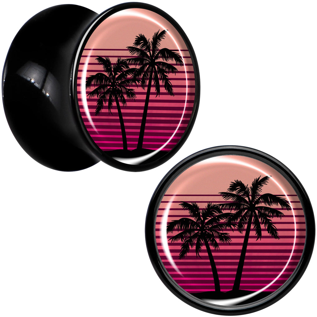 BodyCandy Palm Tree Retro Sunset Black Acrylic Saddle Plug Set by Onyx O — detail close-up