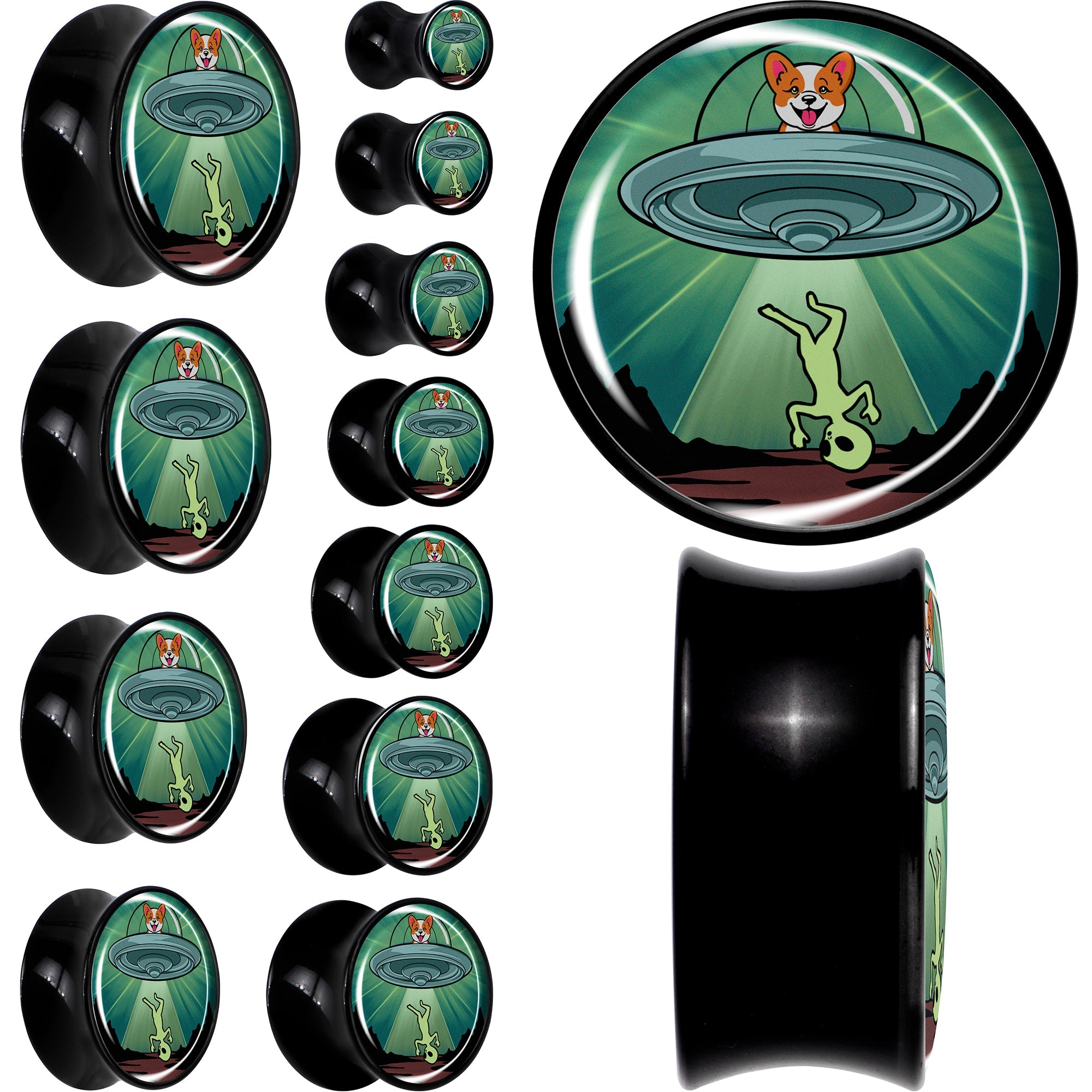 BodyCandy 0G Reverse Alien UFO Abduction Black Acrylic Saddle Plug Set by Onyx O — main product shot