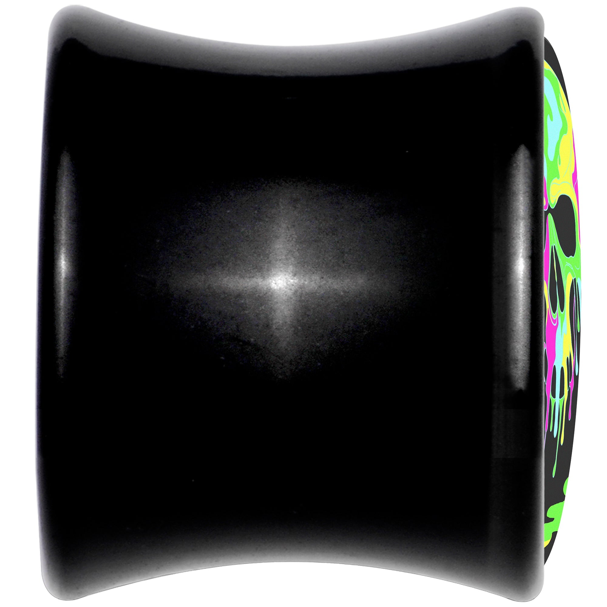 BodyCandy Ultra Bright Melting Skull Black Acrylic Saddle Plug Set by Onyx O — detail close-up