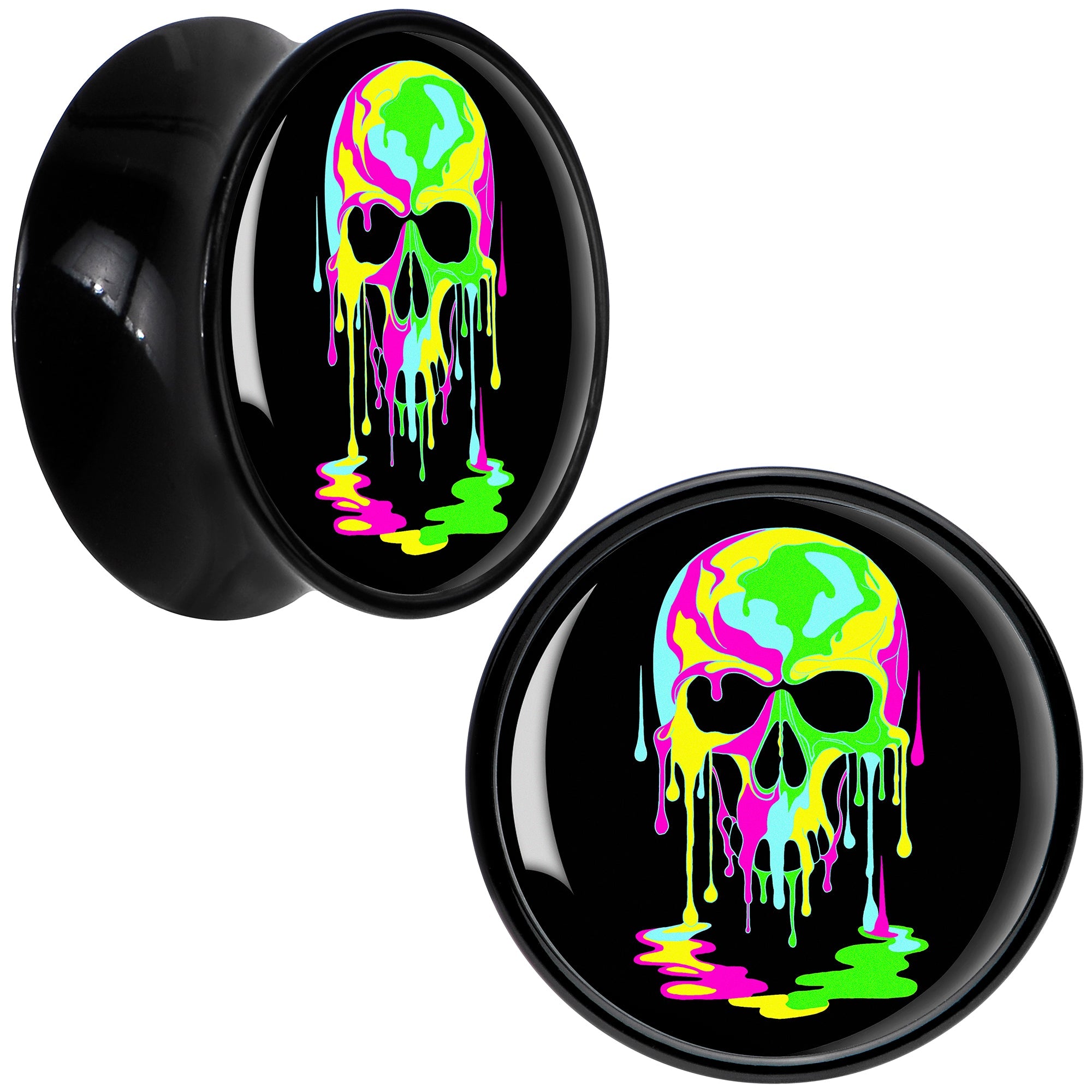 BodyCandy Ultra Bright Melting Skull Black Acrylic Saddle Plug Set by Onyx O — size reference