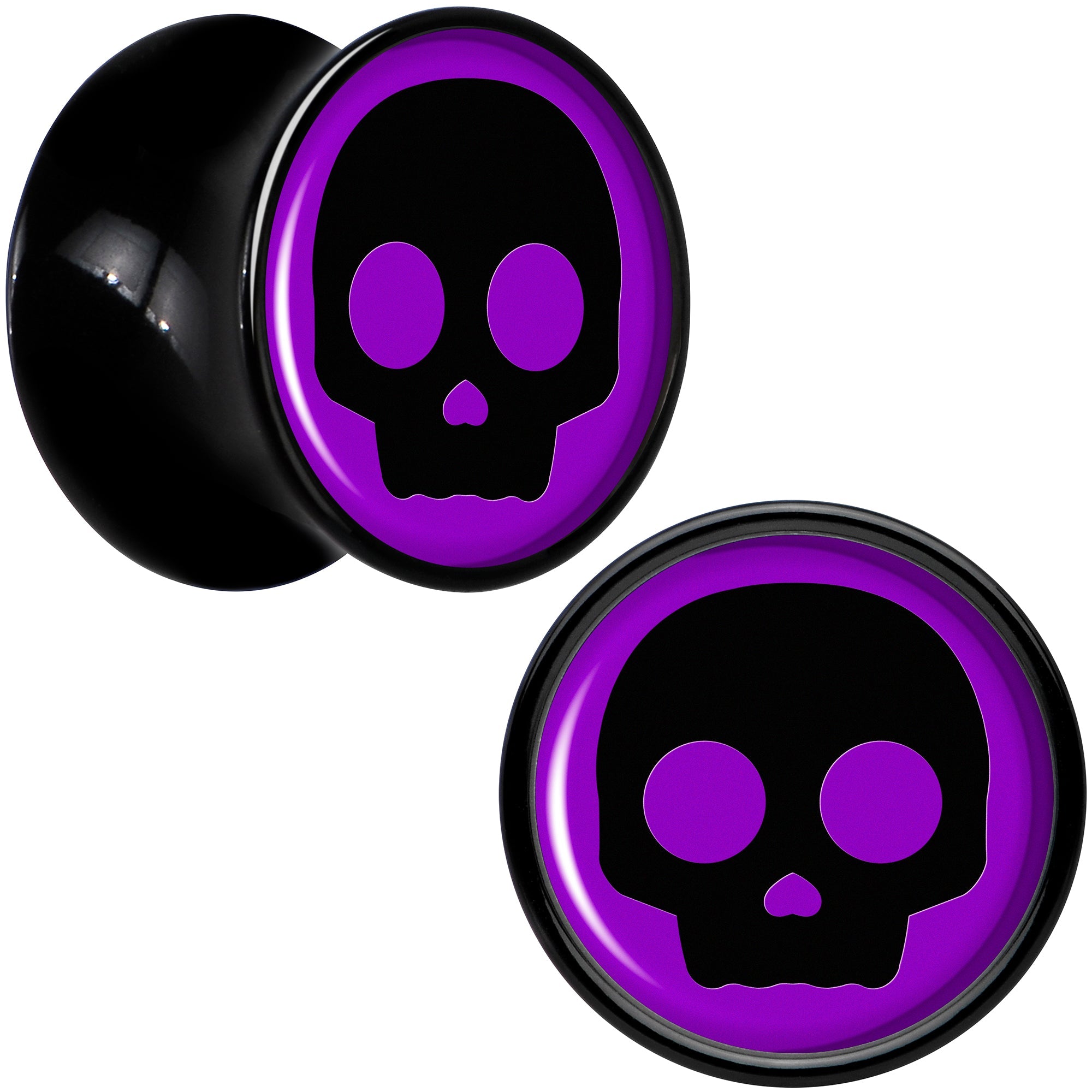 BodyCandy 0G Purple Black Simple Skull Black Acrylic Saddle Plug Set by Onyx O — detail close-up