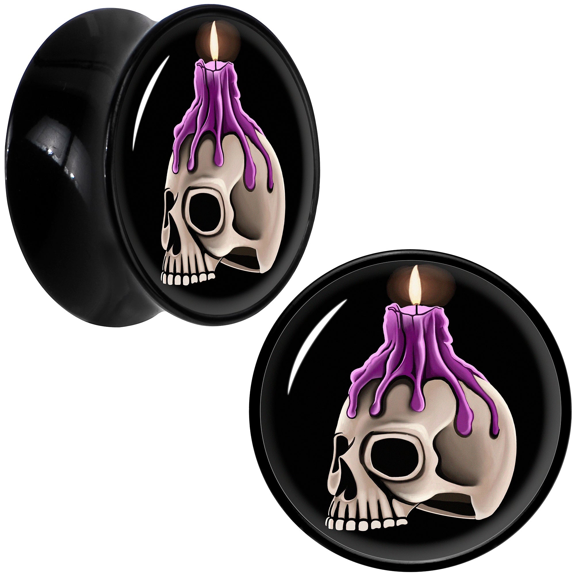 BodyCandy Black Acrylic Burning Skull Candle Double Flare Plug Set by Onyx O — fabric or material detail