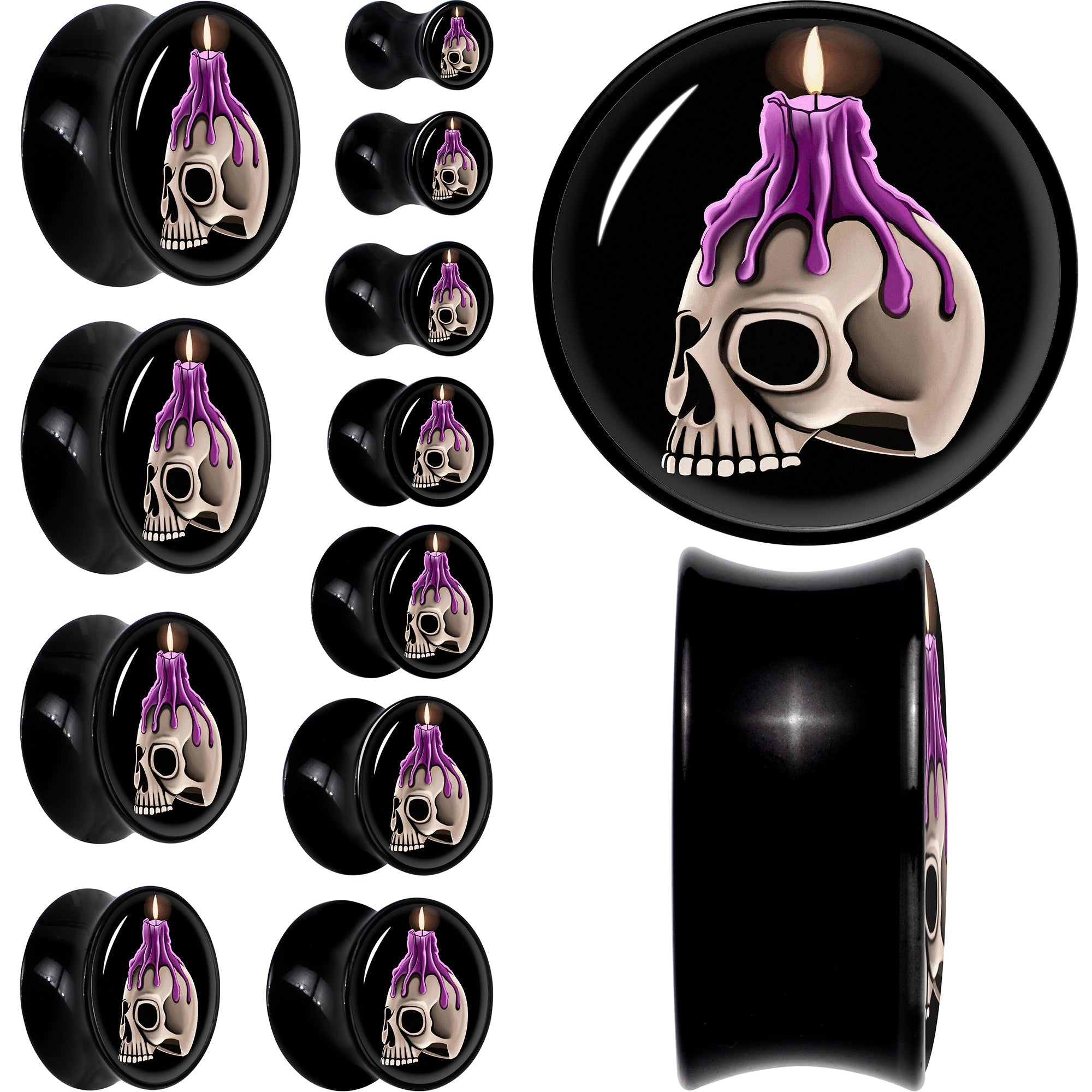 BodyCandy Black Acrylic Burning Skull Candle Double Flare Plug Set by Onyx O — main product shot