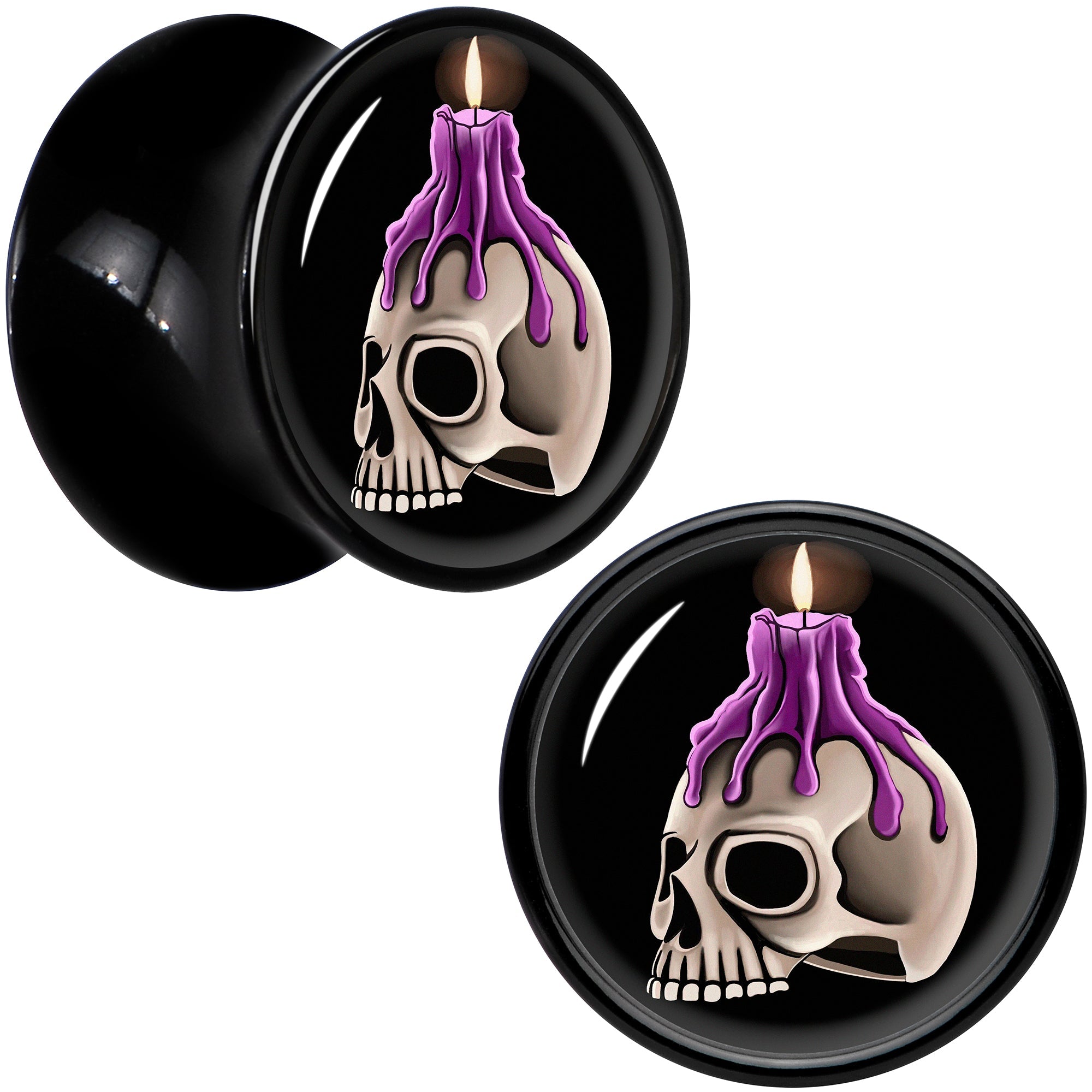 BodyCandy Black Acrylic Burning Skull Candle Double Flare Plug Set by Onyx O — detail close-up