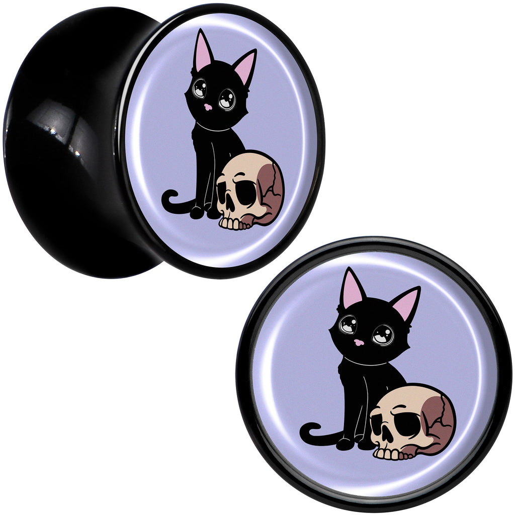 BodyCandy 0G Skull Cat Black Acrylic Saddle Plug Set by Onyx O — detail close-up