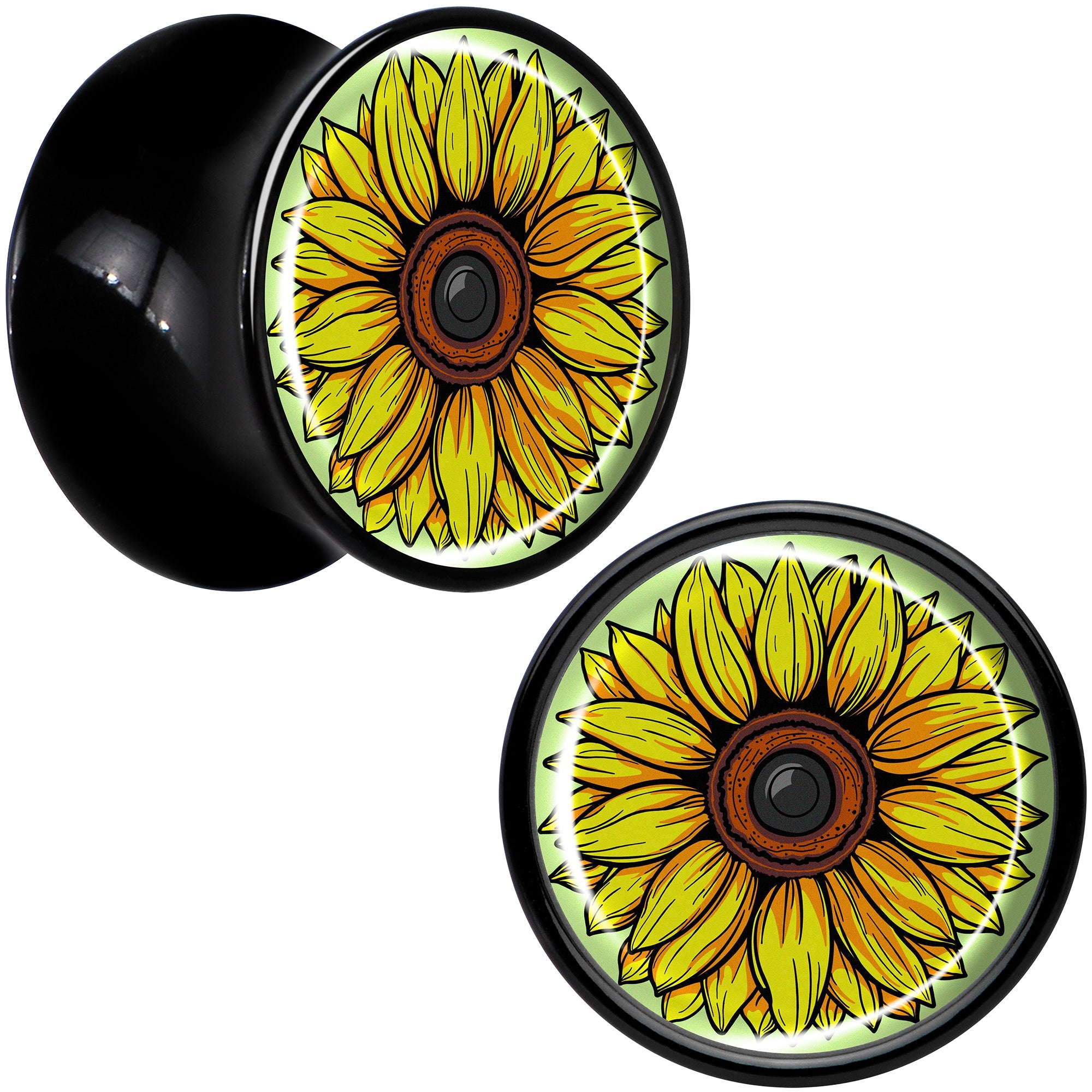 BodyCandy Blossom Creation Yellow Sunflower Black Acrylic Saddle Plug Set by Onyx O — in-use photo