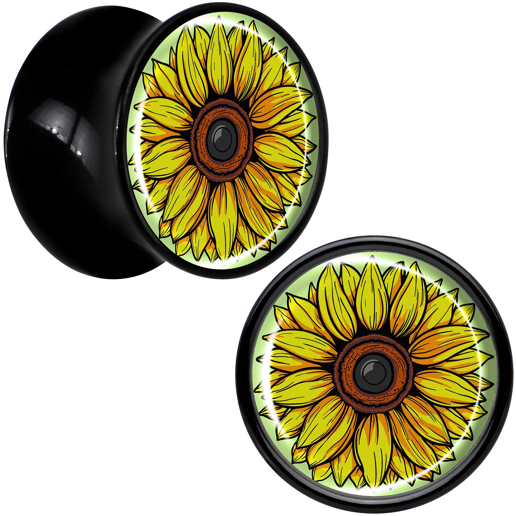BodyCandy Blossom Creation Yellow Sunflower Black Acrylic Saddle Plug Set by Onyx O — size reference