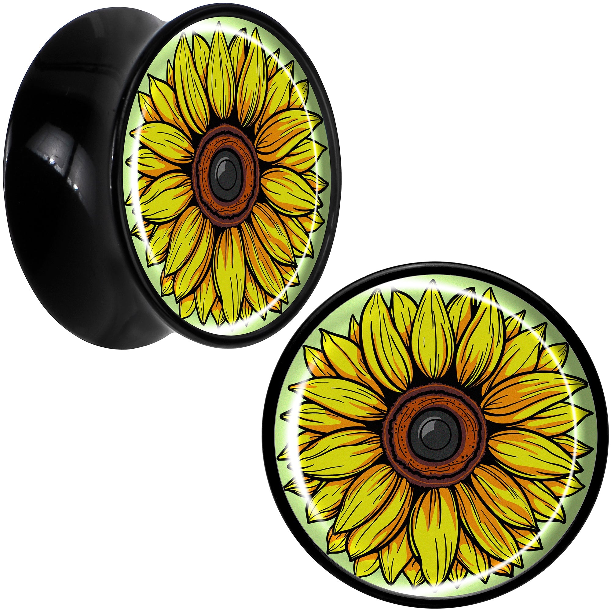 BodyCandy Blossom Creation Yellow Sunflower Black Acrylic Saddle Plug Set by Onyx O — comparison shot