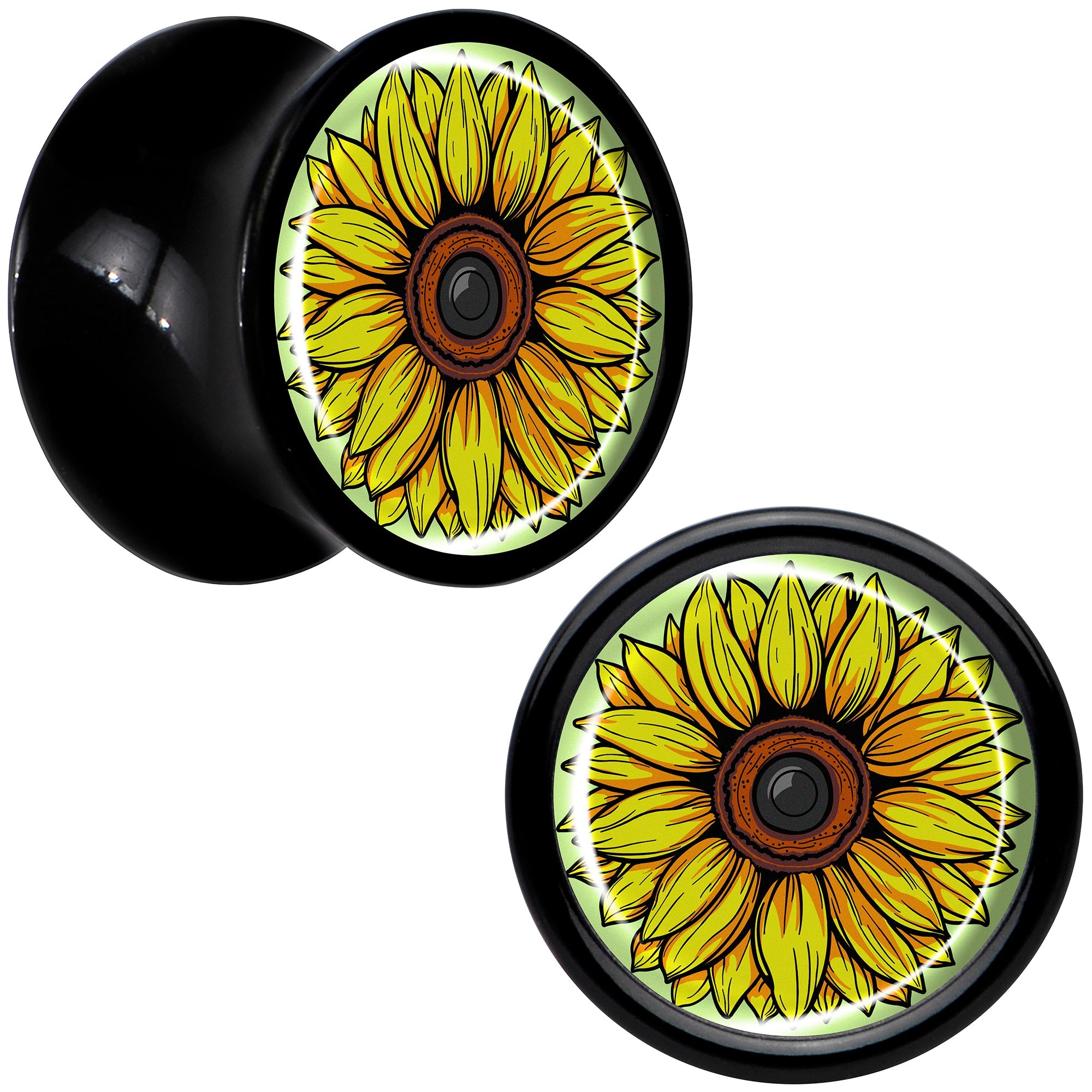 BodyCandy Blossom Creation Yellow Sunflower Black Acrylic Saddle Plug Set by Onyx O — feature highlight