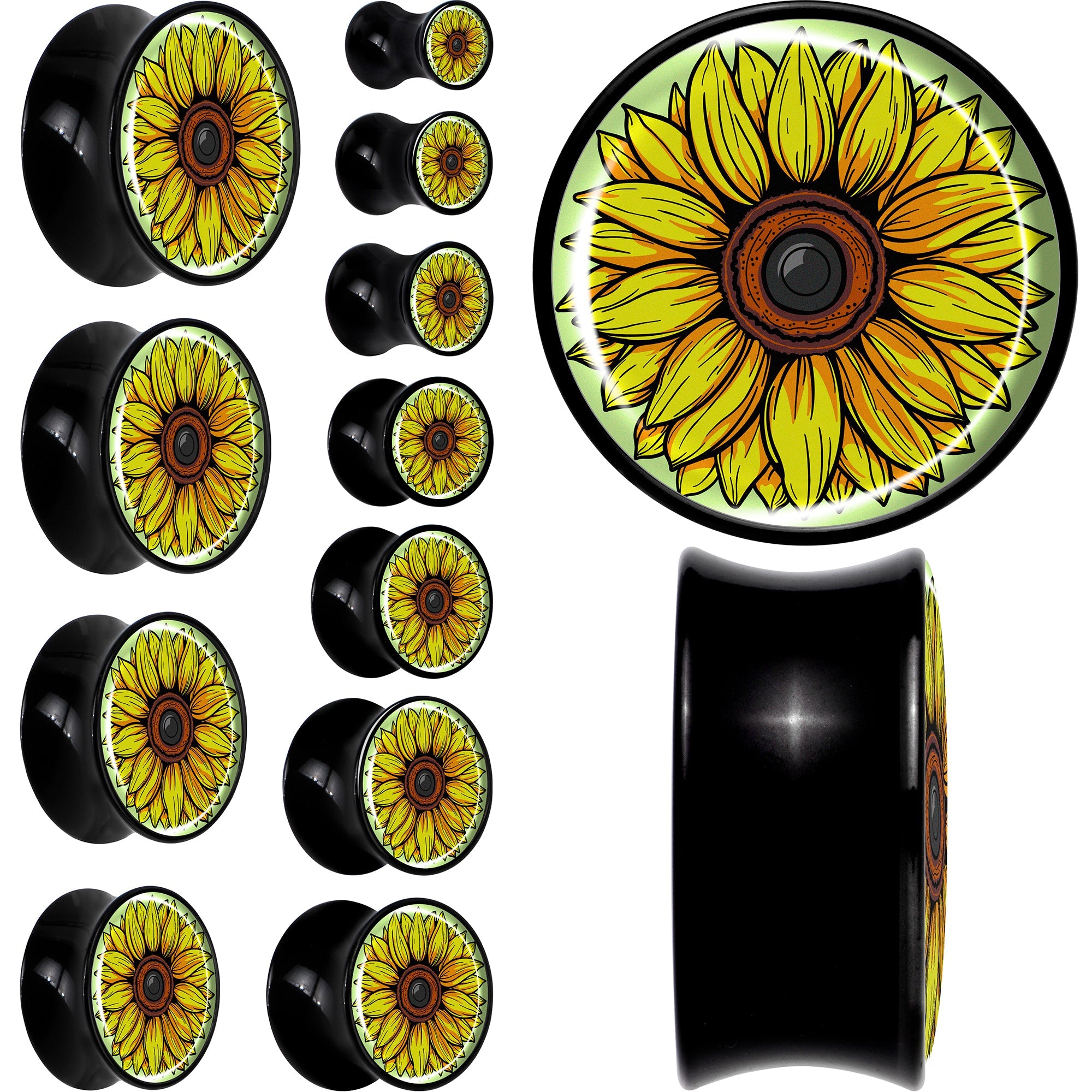 BodyCandy Blossom Creation Yellow Sunflower Black Acrylic Saddle Plug Set by Onyx O — main product shot