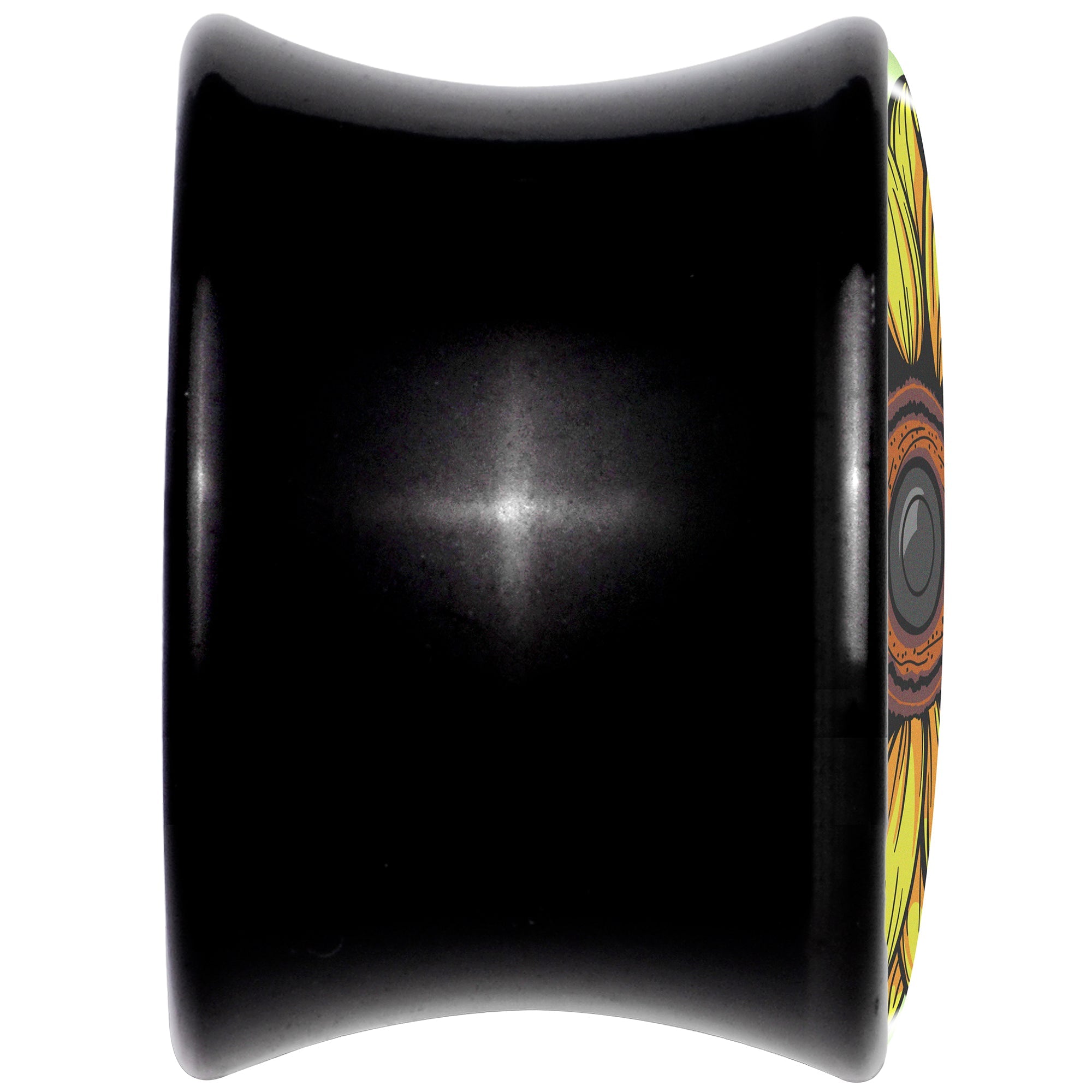 BodyCandy Blossom Creation Yellow Sunflower Black Acrylic Saddle Plug Set by Onyx O — back view