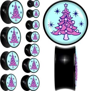 BodyCandy Pastel Christmas Tree Holiday Black Acrylic Saddle Plug Set by Onyx O — main product shot
