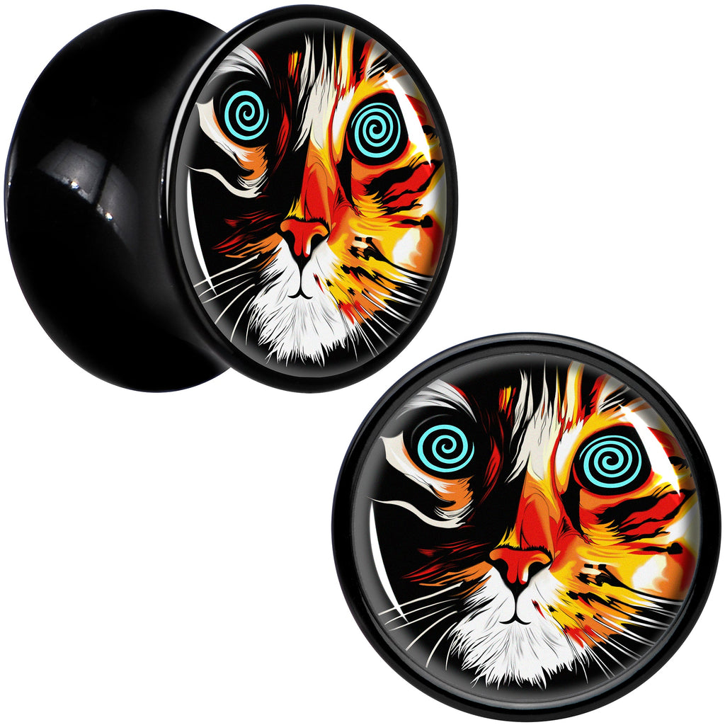 BodyCandy Colorful Trippy Cat Black Acrylic Saddle Plug Set 8mm to 20mm by Onyx O — size reference