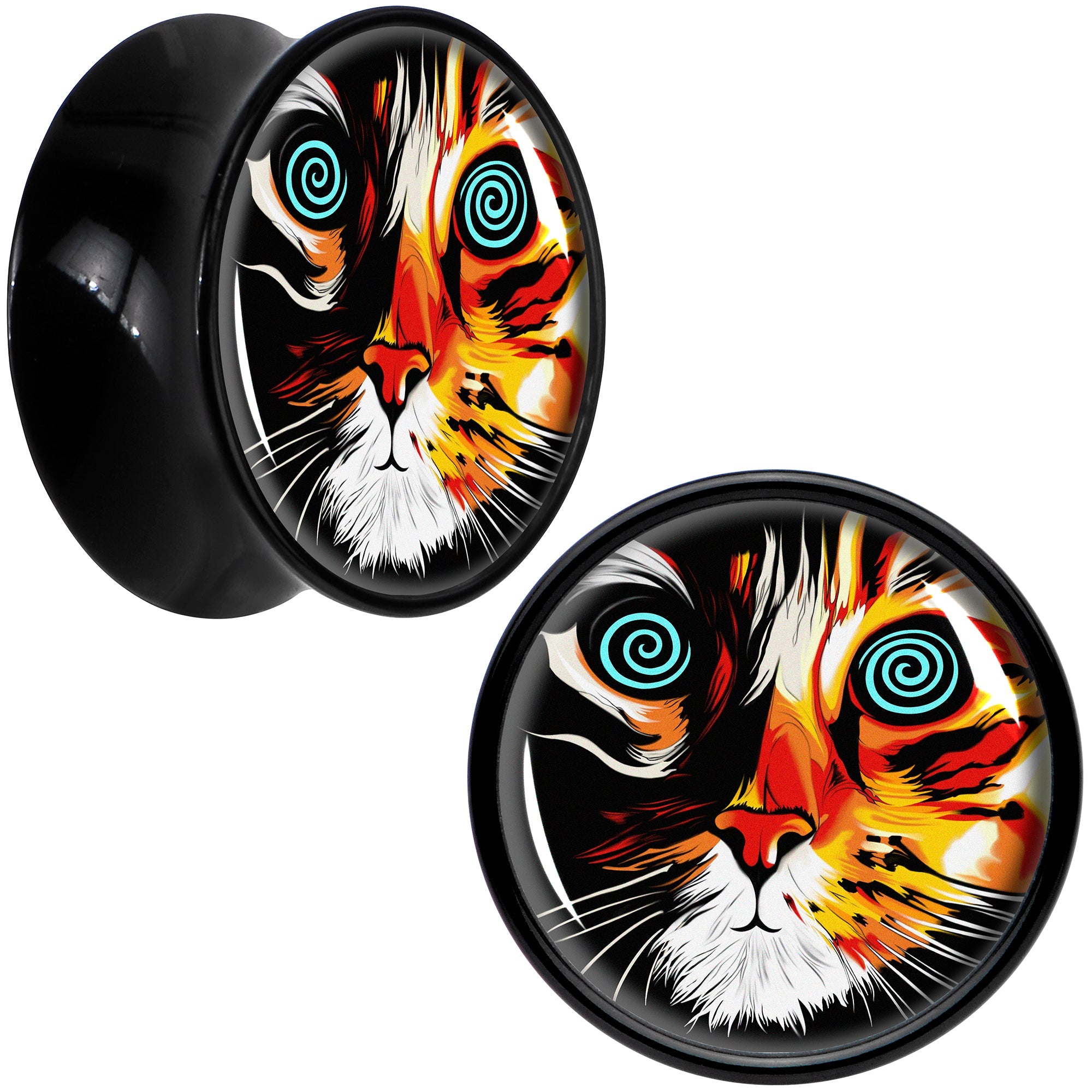 BodyCandy Colorful Trippy Cat Black Acrylic Saddle Plug Set 8mm to 20mm by Onyx O — packaging