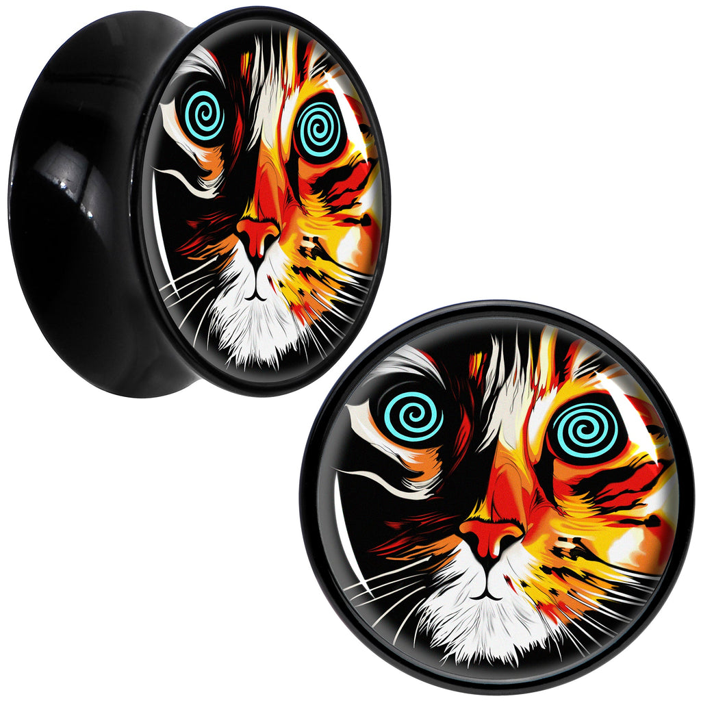 BodyCandy Colorful Trippy Cat Black Acrylic Saddle Plug Set 8mm to 20mm by Onyx O — comparison shot