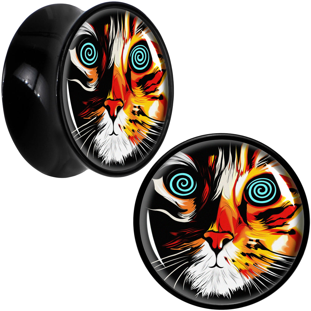 BodyCandy Colorful Trippy Cat Black Acrylic Saddle Plug Set 8mm to 20mm by Onyx O — fabric or material detail