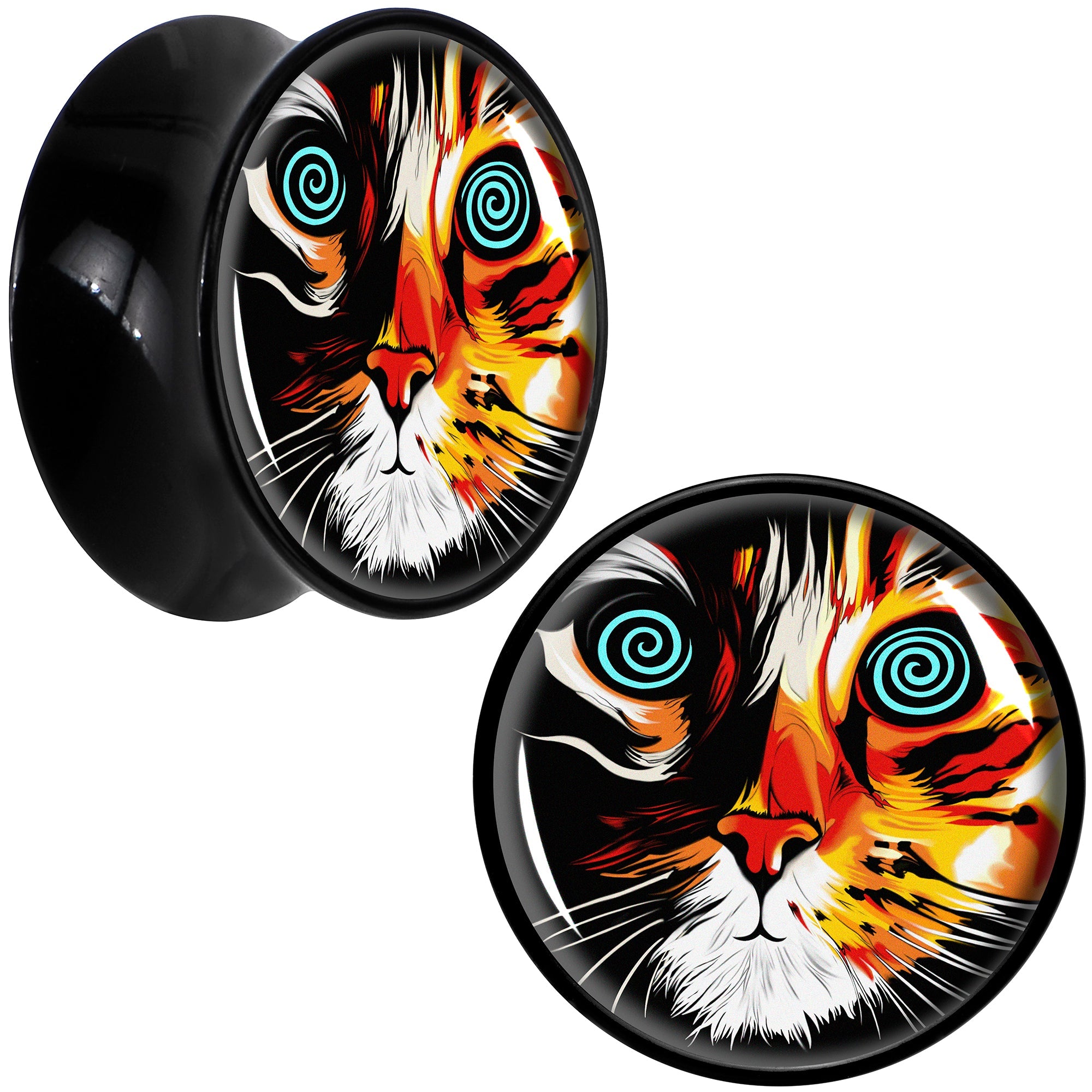 BodyCandy Colorful Trippy Cat Black Acrylic Saddle Plug Set 8mm to 20mm by Onyx O — feature highlight
