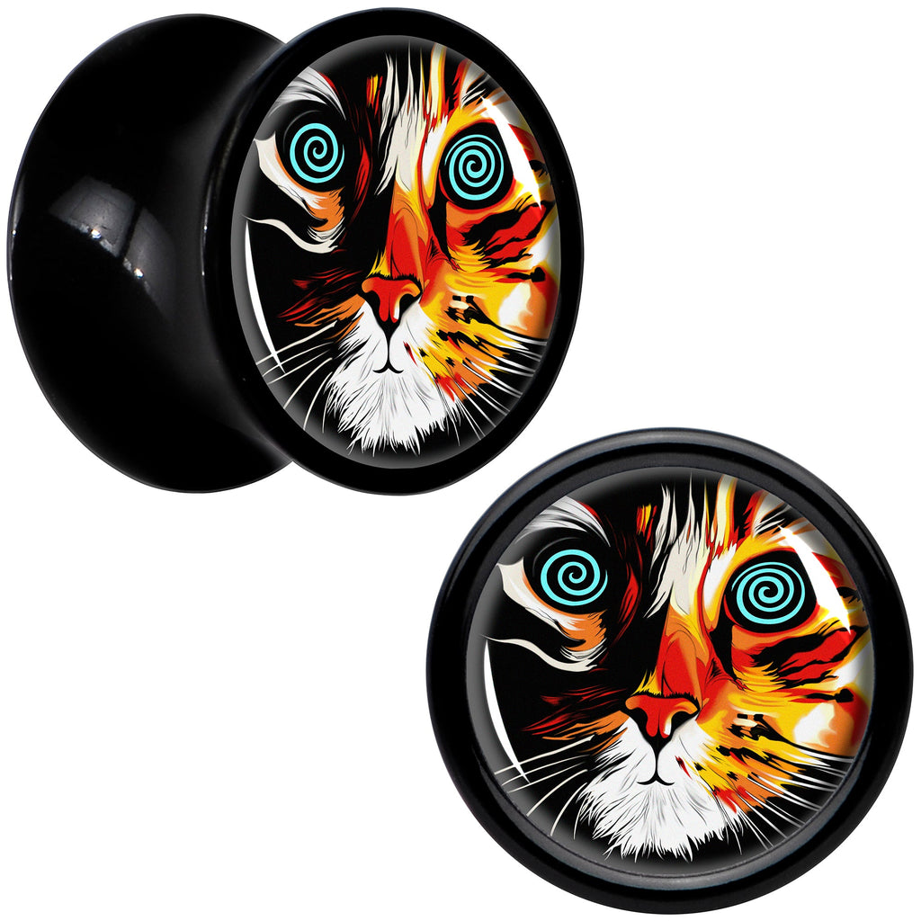 BodyCandy Colorful Trippy Cat Black Acrylic Saddle Plug Set 8mm to 20mm by Onyx O — alternative angle