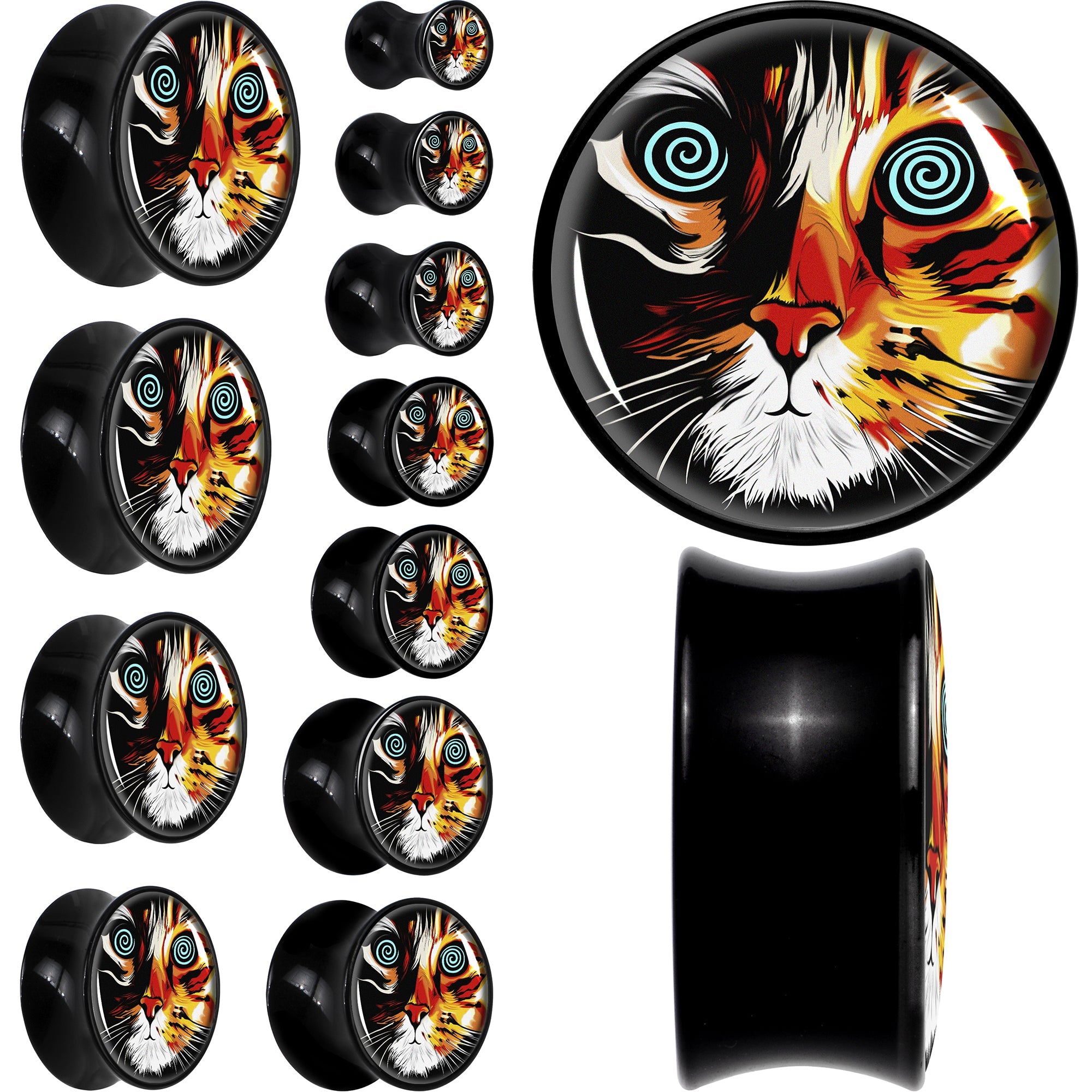 BodyCandy Colorful Trippy Cat Black Acrylic Saddle Plug Set 8mm to 20mm by Onyx O — main product shot