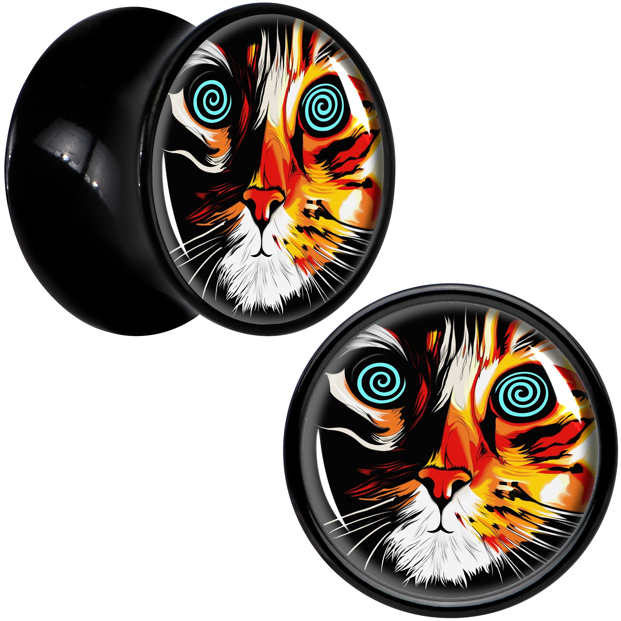BodyCandy Colorful Trippy Cat Black Acrylic Saddle Plug Set 8mm to 20mm by Onyx O — detail close-up