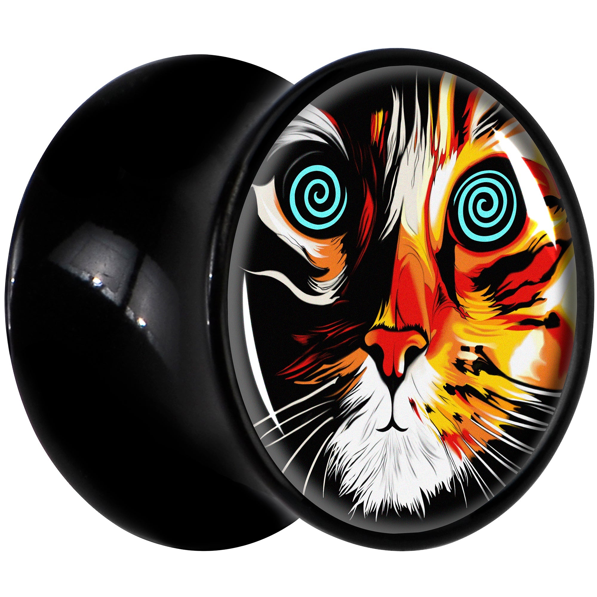 BodyCandy Colorful Trippy Cat Black Acrylic Saddle Plug Set 8mm to 20mm by Onyx O — lifestyle context