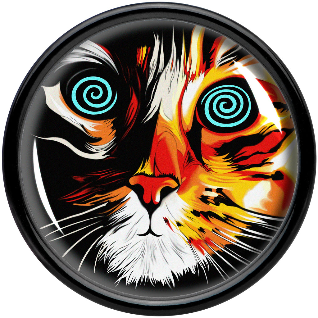 BodyCandy Colorful Trippy Cat Black Acrylic Saddle Plug Set 8mm to 20mm by Onyx O — side view