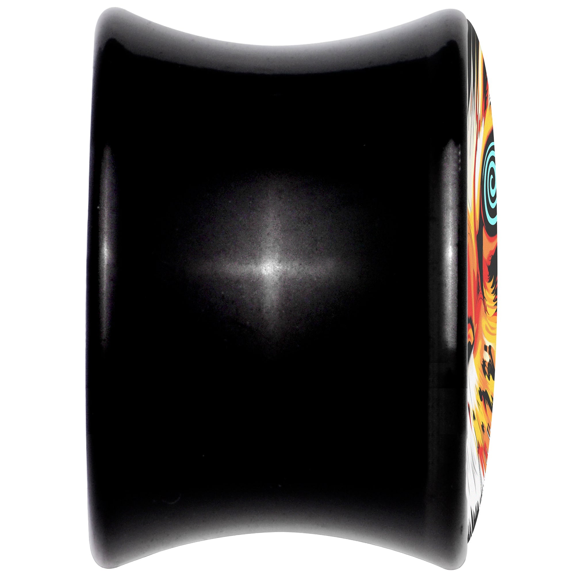 BodyCandy Colorful Trippy Cat Black Acrylic Saddle Plug Set 8mm to 20mm by Onyx O — back view