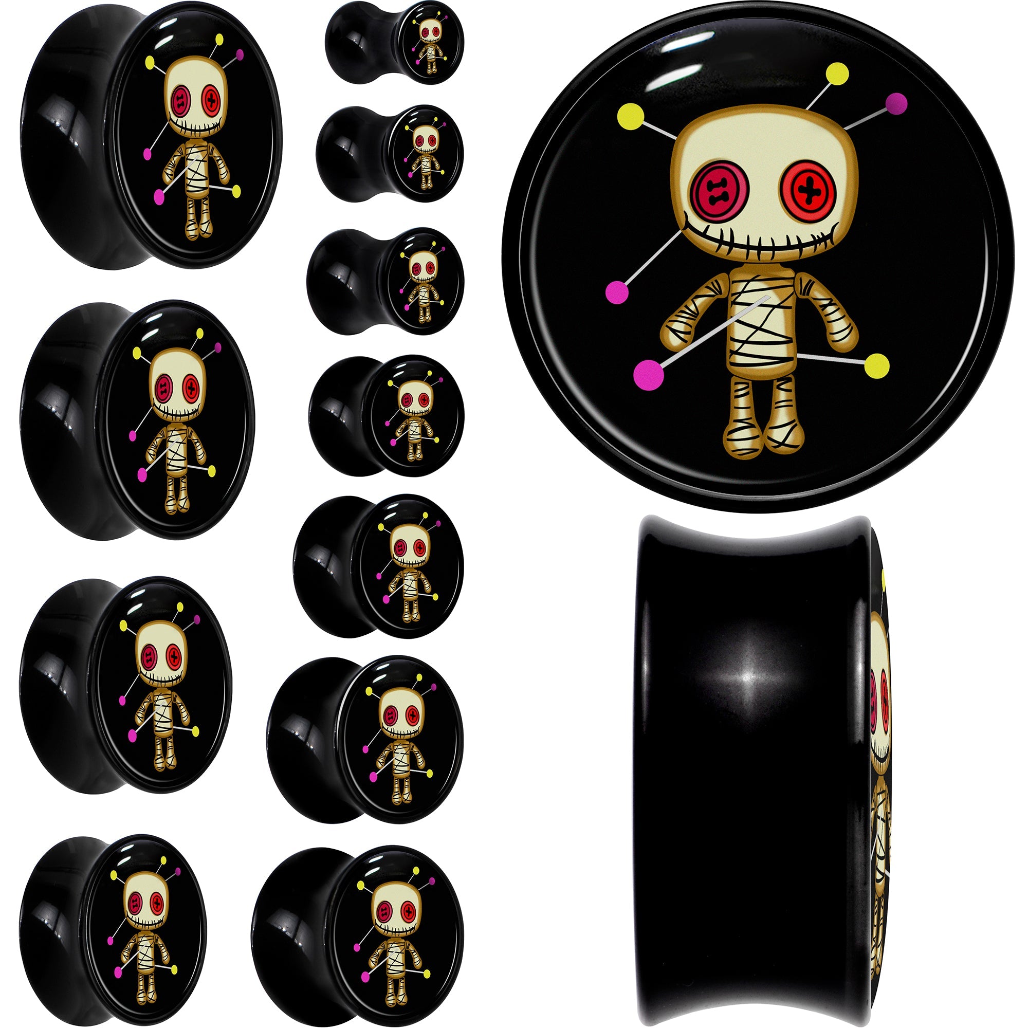 BodyCandy 0G Voodoo Doll Black Acrylic Saddle Plug Set by Onyx O — main product shot