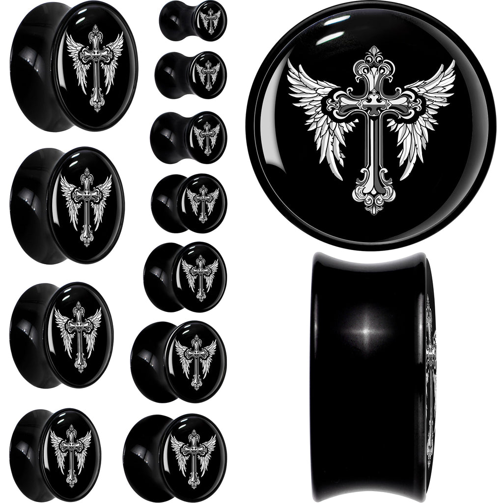 BodyCandy 0G Black White Winged Cross Black Acrylic Saddle Plug Set by Onyx O — main product shot