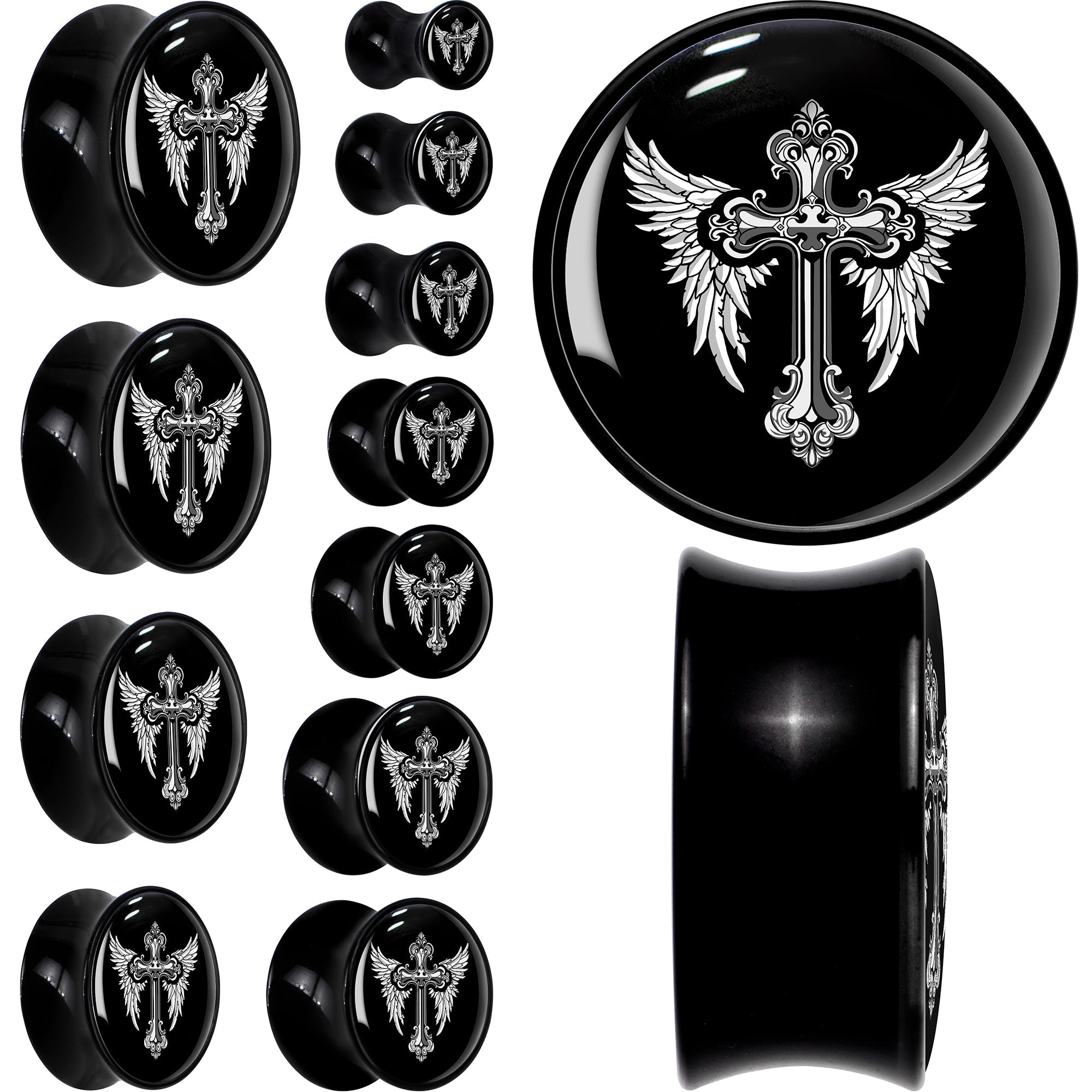 BodyCandy 0G Black White Winged Cross Black Acrylic Saddle Plug Set by Onyx O — main product shot