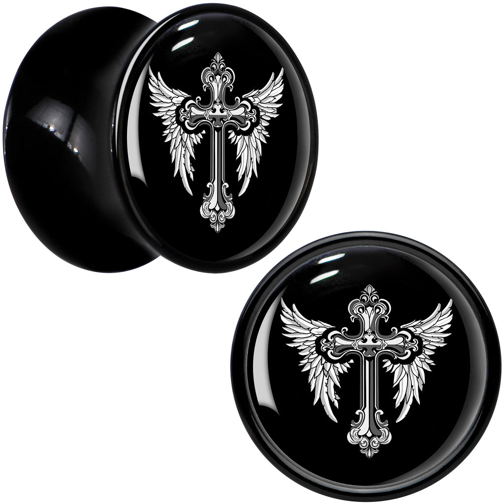 BodyCandy 0G Black White Winged Cross Black Acrylic Saddle Plug Set by Onyx O — detail close-up