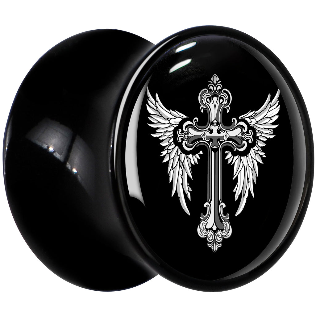 BodyCandy 0G Black White Winged Cross Black Acrylic Saddle Plug Set by Onyx O — lifestyle context