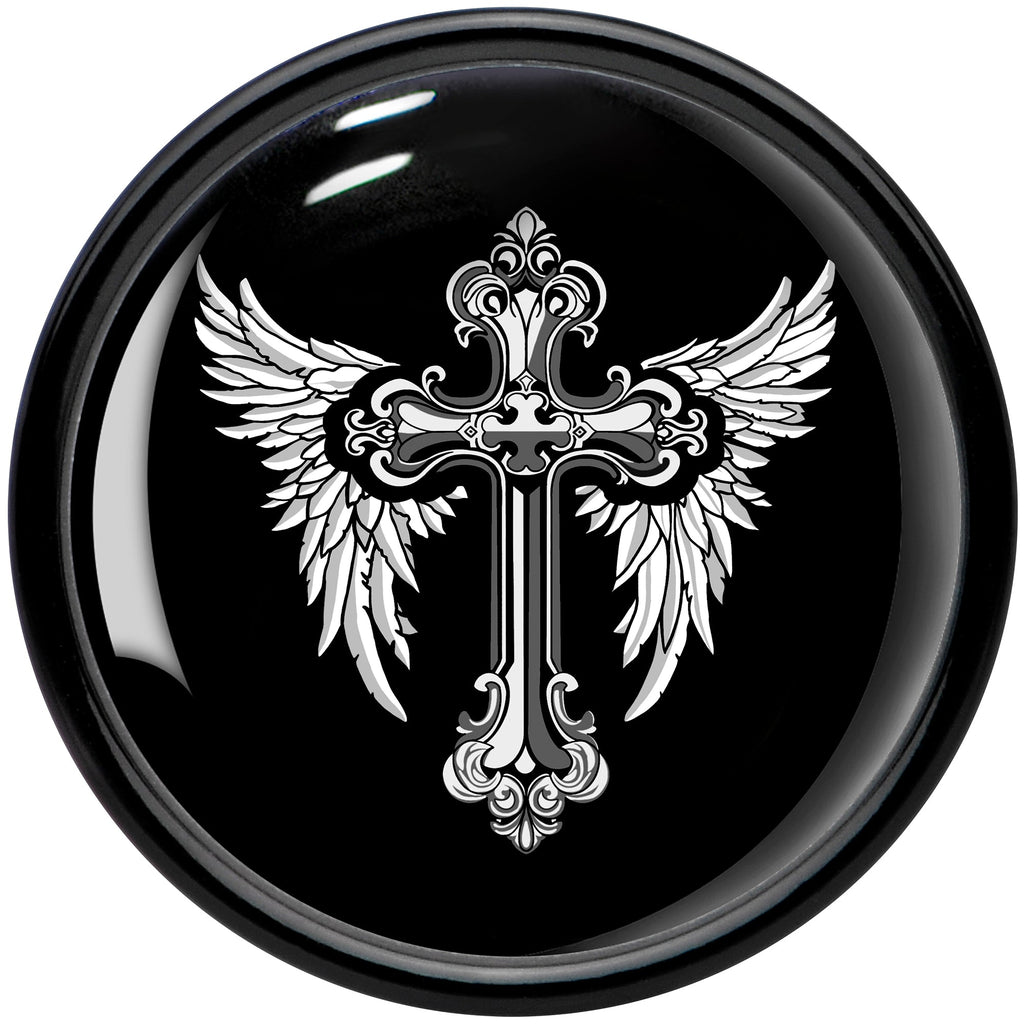 BodyCandy 0G Black White Winged Cross Black Acrylic Saddle Plug Set by Onyx O — side view