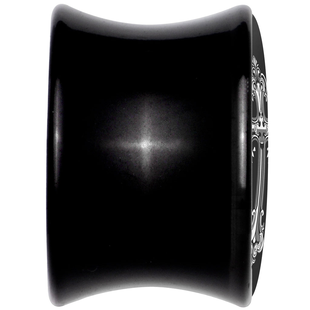 BodyCandy 0G Black White Winged Cross Black Acrylic Saddle Plug Set by Onyx O — back view