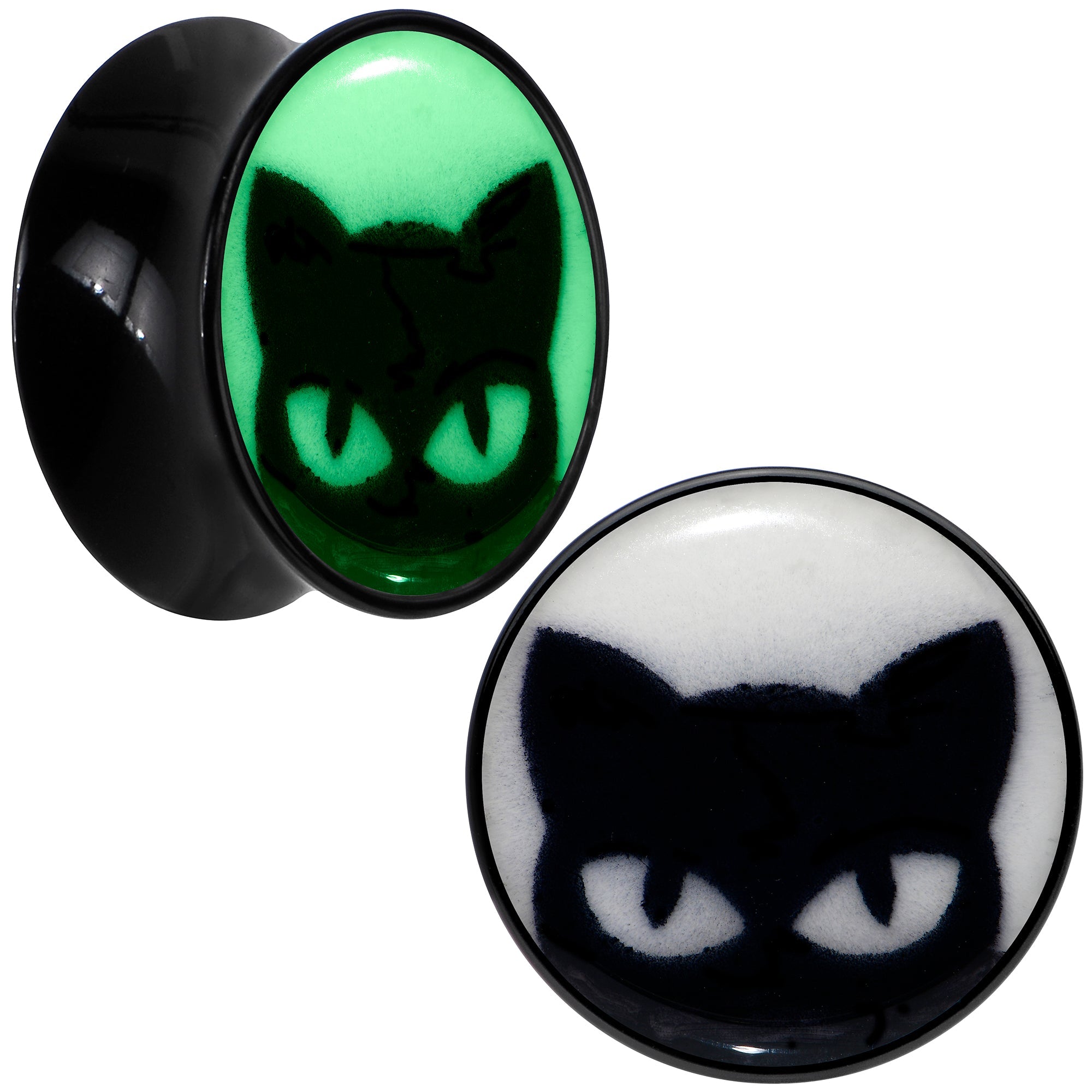 BodyCandy Black Acrylic Glow in the Dark Peeking Cat Double Flare Plug Set by Onyx O — comparison shot