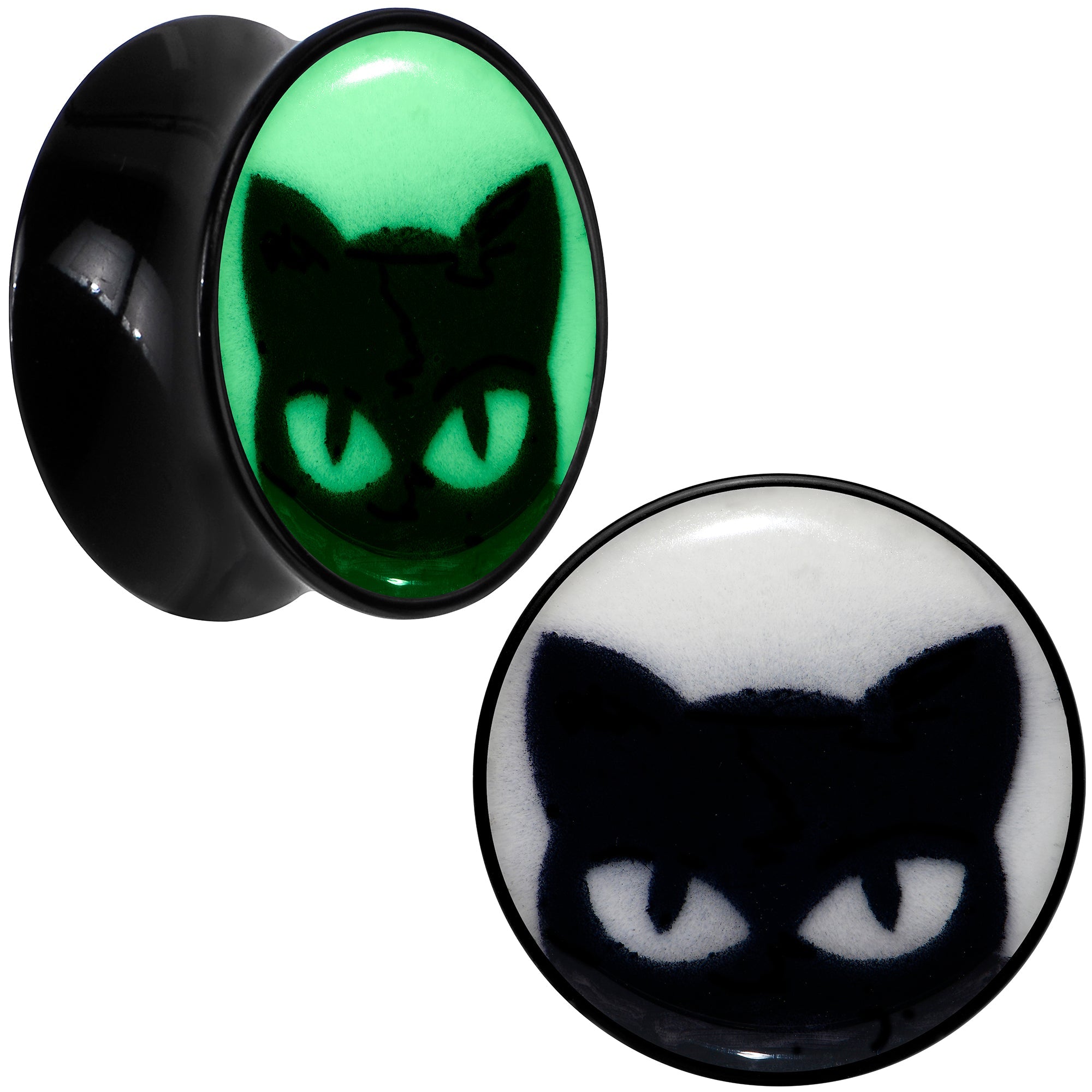BodyCandy Black Acrylic Glow in the Dark Peeking Cat Double Flare Plug Set by Onyx O — feature highlight