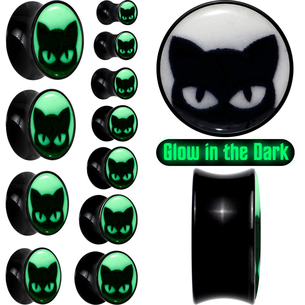 BodyCandy Black Acrylic Glow in the Dark Peeking Cat Double Flare Plug Set by Onyx O — main product shot