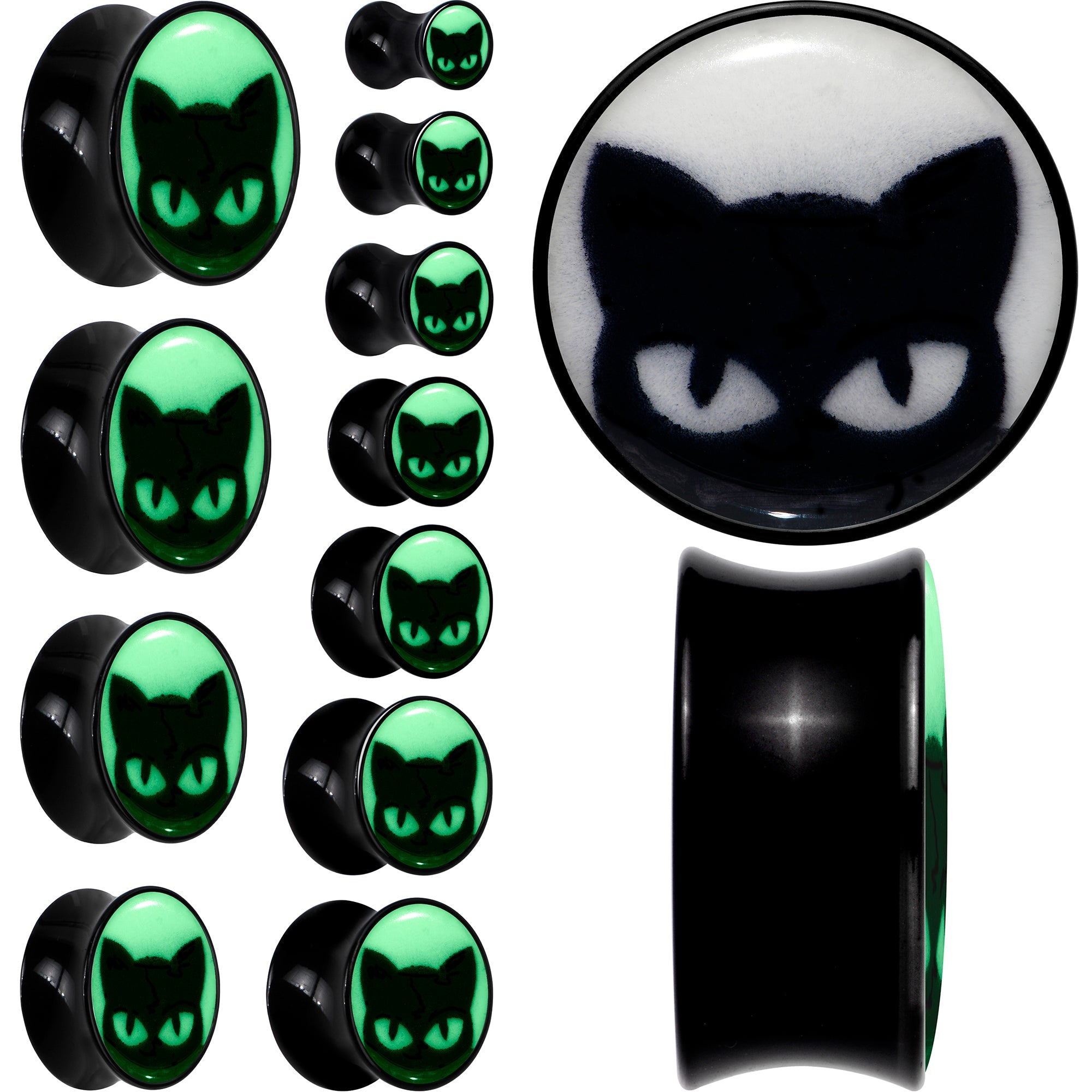 BodyCandy Black Acrylic Glow in the Dark Peeking Cat Double Flare Plug Set by Onyx O — size reference