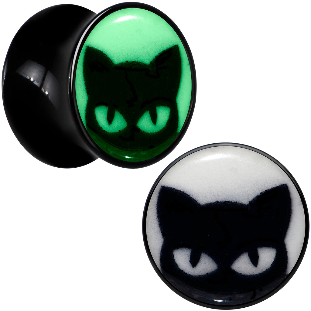 BodyCandy Black Acrylic Glow in the Dark Peeking Cat Double Flare Plug Set by Onyx O — detail close-up